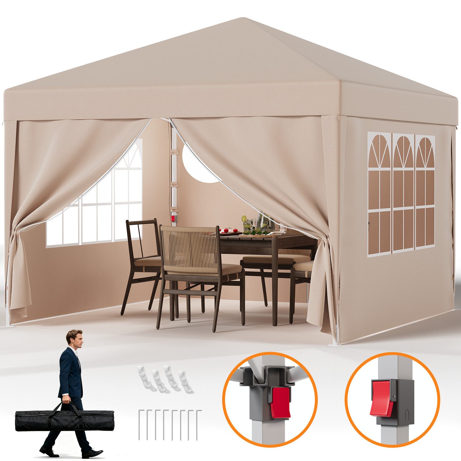 HOMALL Faltpavillon 3x3 mit 4 seitenteilen wasserdicht Pop Up Pavillon UV-Schutz 50+, mit 4 Seitenteilen, Partyzelt höhenverstellbarer, mit Tragetasche, für Garten Camping