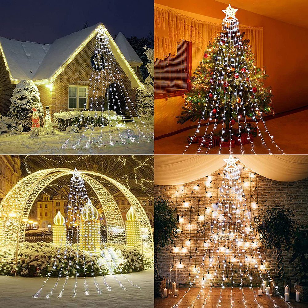 Party Stern Modi, Weihnachtsbaum Beleuchtung,Außen Energiesparen, LED Weiß wasserdicht 350 8 Garten, -mit 3.4M Wasserfall 31V Sunicol LED-Baummantel