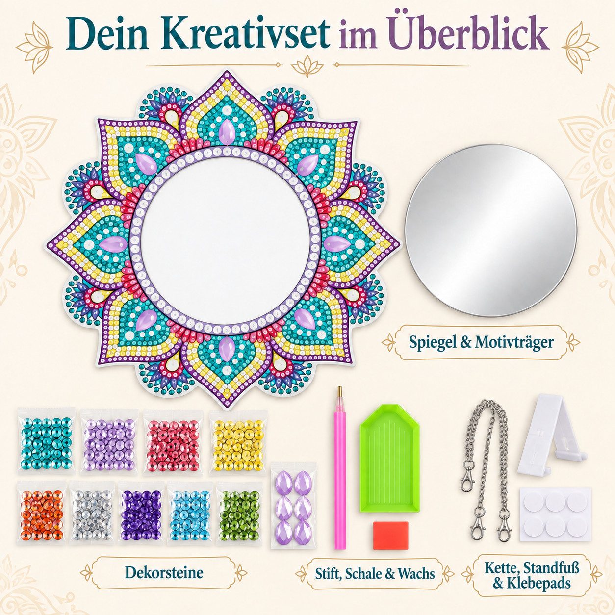 GOLDEN Gemälde Diamond Painting Spiegel Mandala, DIY-Set mit Standfuß und Kette – Bild 3 von 5
