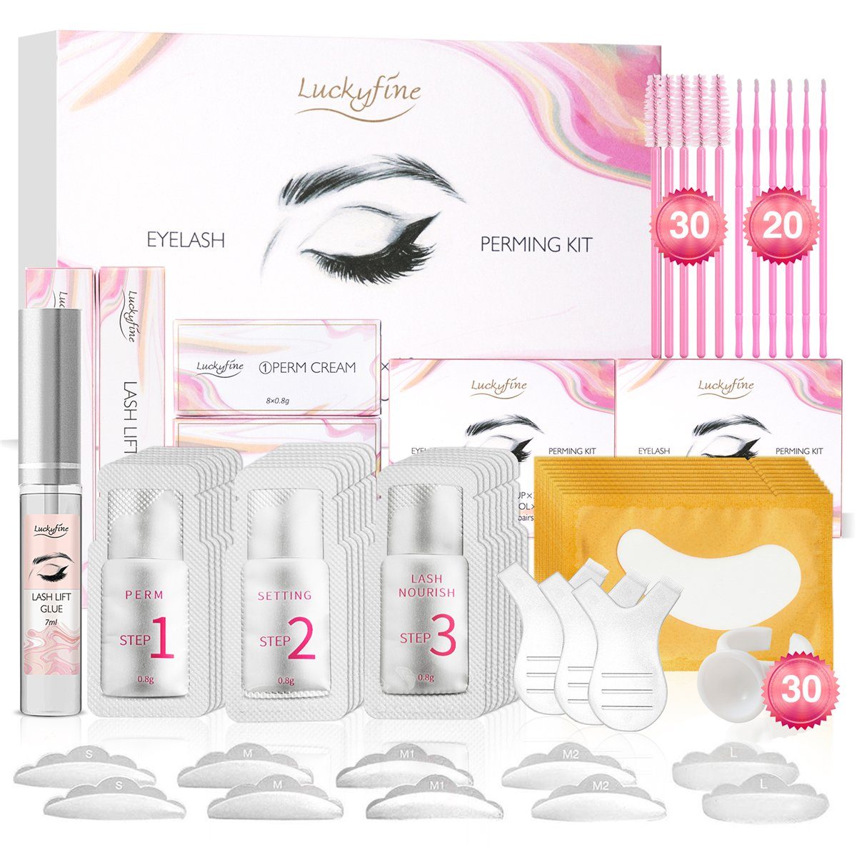 Luckyfine Wimpernzange, 126-tlg., Wimpern-Dauerwellen-Kit, Liftkleber Satz