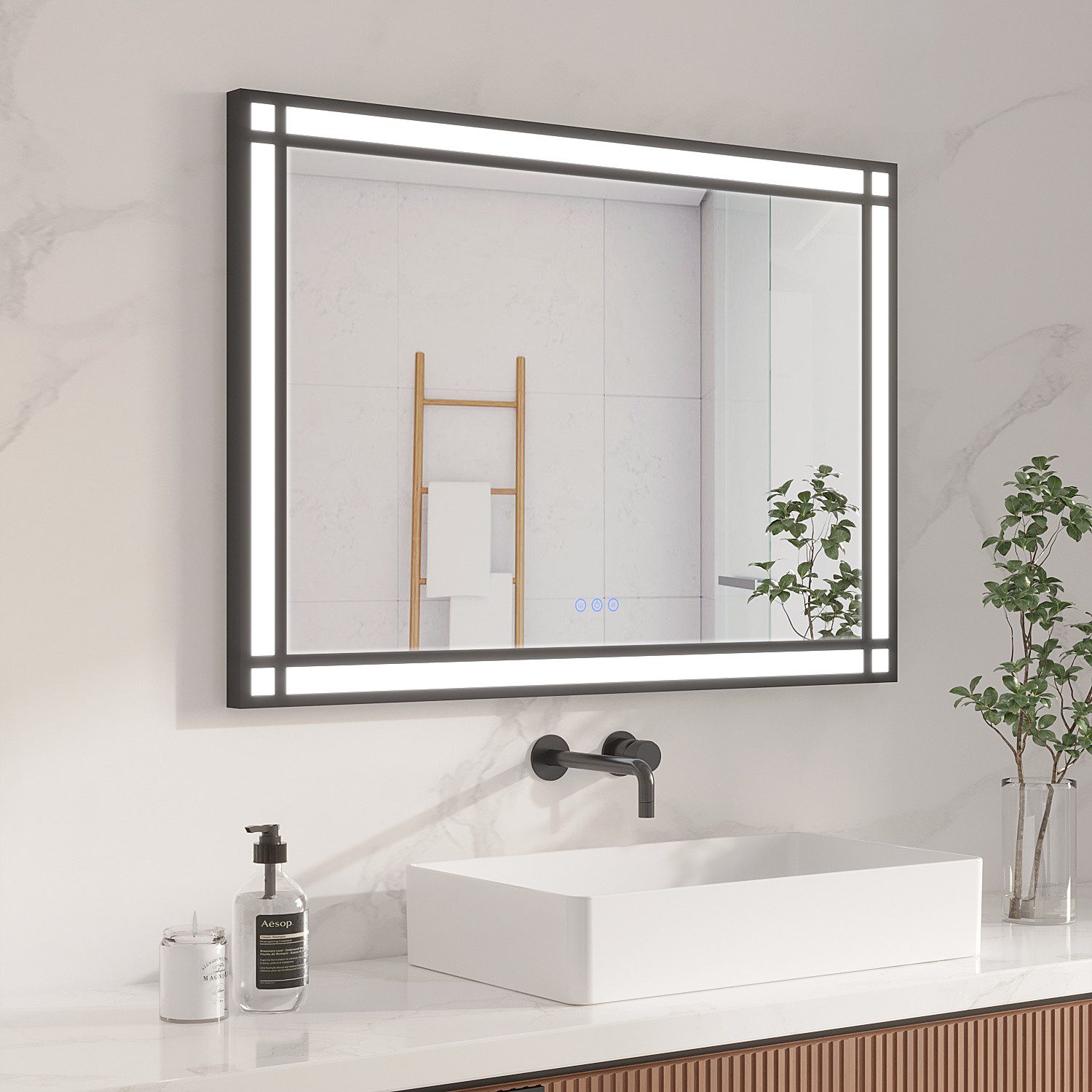 AQUALAVOS Badspiegel LED Badezimmerspiegel 100x70 cm Beschlagfrei Lichtspiegel Wandspiegel, 100x70 cm, 2 Lichtfarben Dimmbar, Memory-Funktion, Touch /Wandschalter