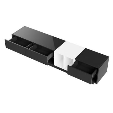 MODFU TV-Schrank Lowboard TV-Board (Mit Schubladen, Fächer und mehrere Stauräume) Kombination in Hochglanz-Weiß und Schwarz, Breite 190cm