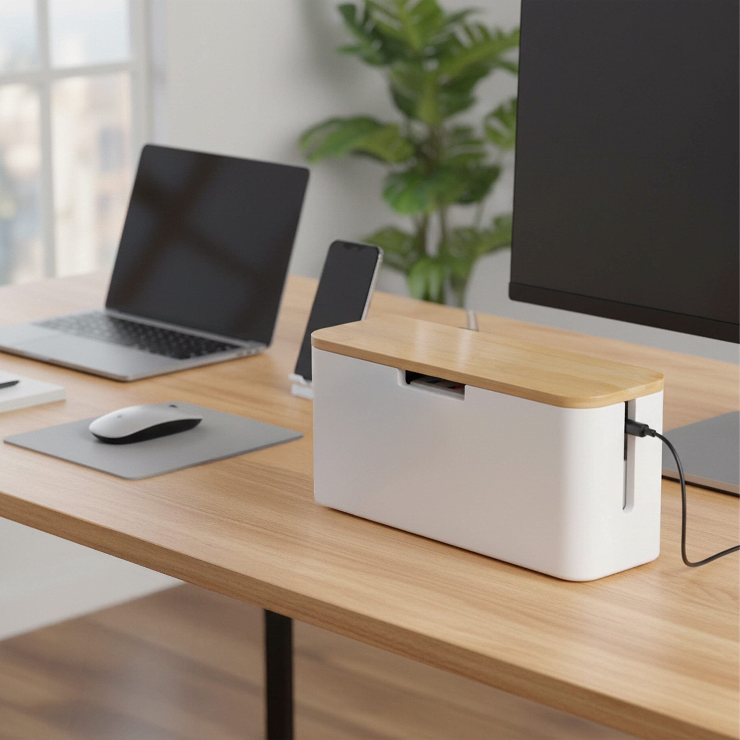 relaxdays Kabelbox aus Bambus, Natur-Weiß