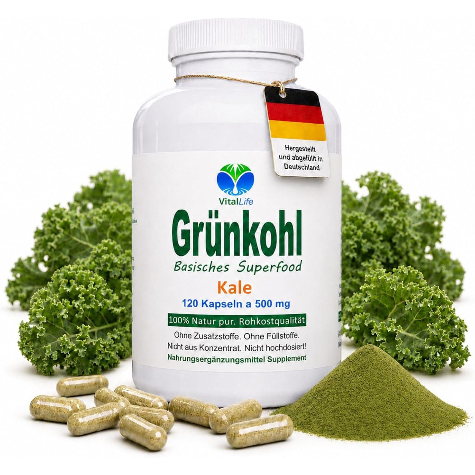 VitalLife Grünkohl pur - Reich an Sulforaphan & Lutein - OHNE Zusatzstoffe Kapseln, 1 er Dose à 120 St., 60 g, Art. 26695-120