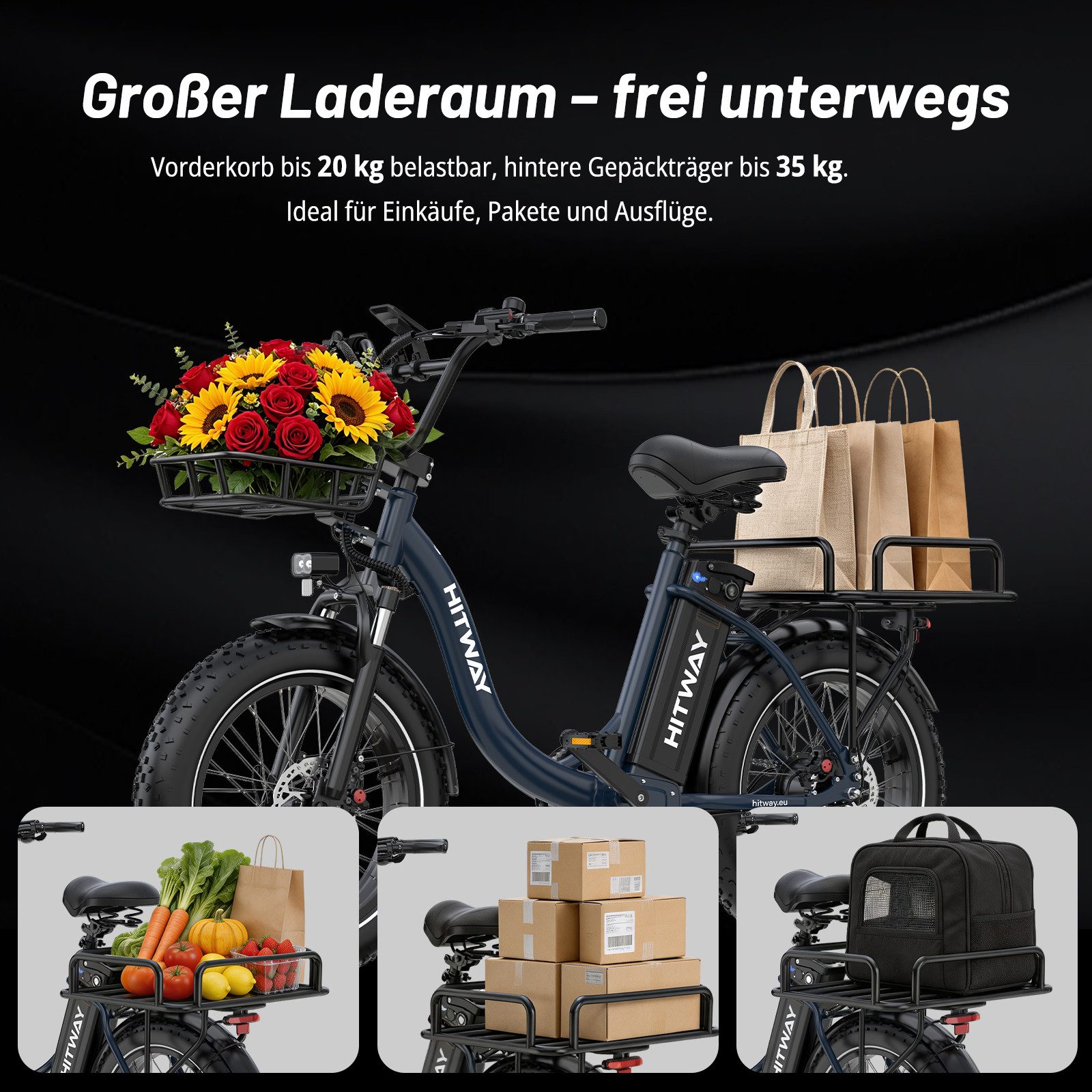 HITWAY E-Bike Cityrad Pedelec 20x4.0 48V 27Ah Drehmomentsensor, 7 Gang shimano, Kettenschaltung, Heckmotor, 1296 Wh, Bis zu 160 km, Hydr. Scheibenbremsen, Locko – Bild 5 von 5