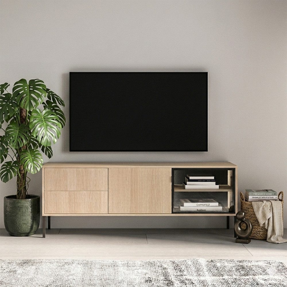 Lomadox Lowboard BANSIN-131, in Eiche, 160 cm breit, griffloses Design, Glasfront, schwarze Akzente