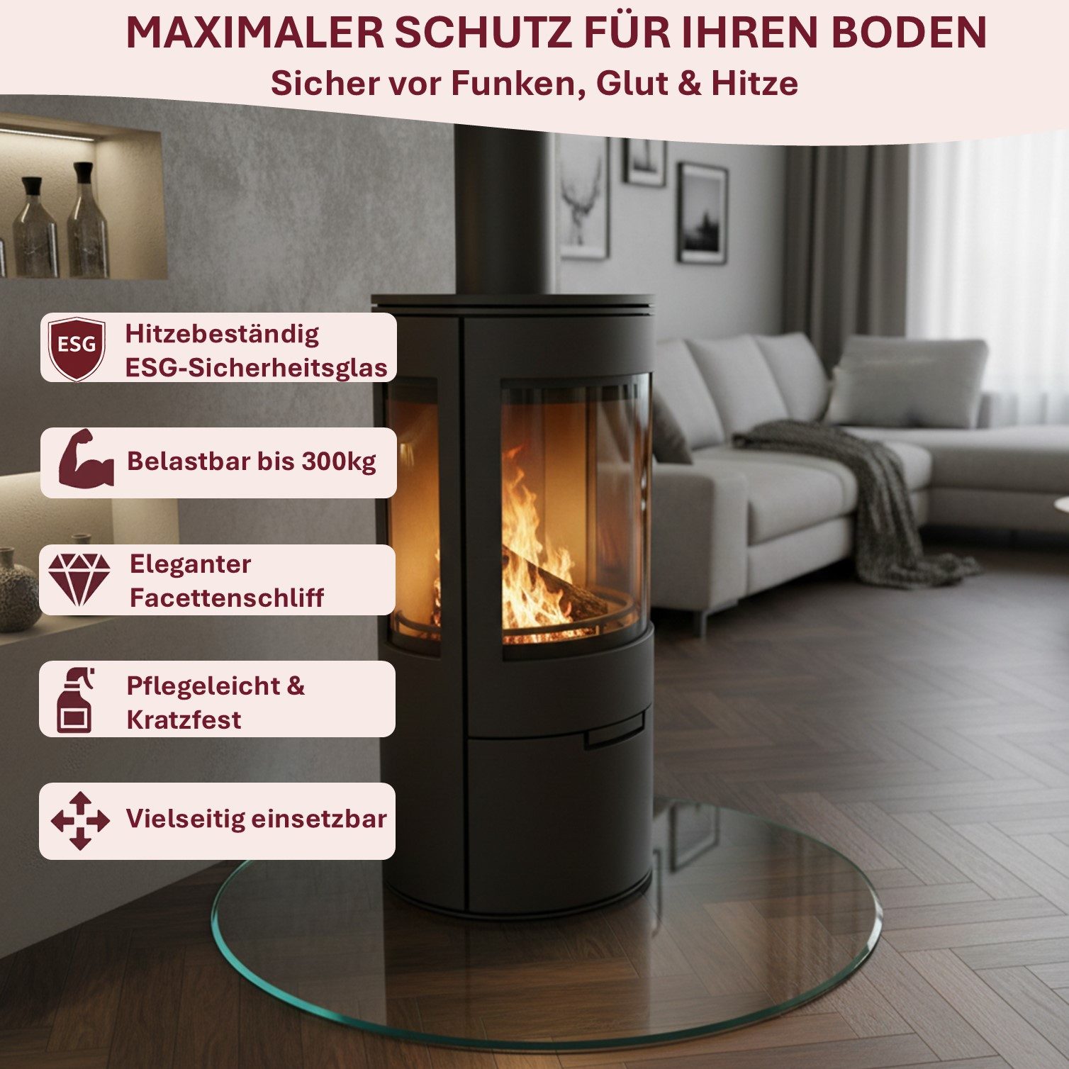 HOOZ Bodenschutzplatte Funkenschutzplatte aus 6mm ESG Ø90cm rund mit Facettenschliff Klarglas, Kamin Glas, 1-St., belastbare Glasauflage, Glasplatte, Schutzglas, Bodenschutzglas für Kamin, Ofen und Boden