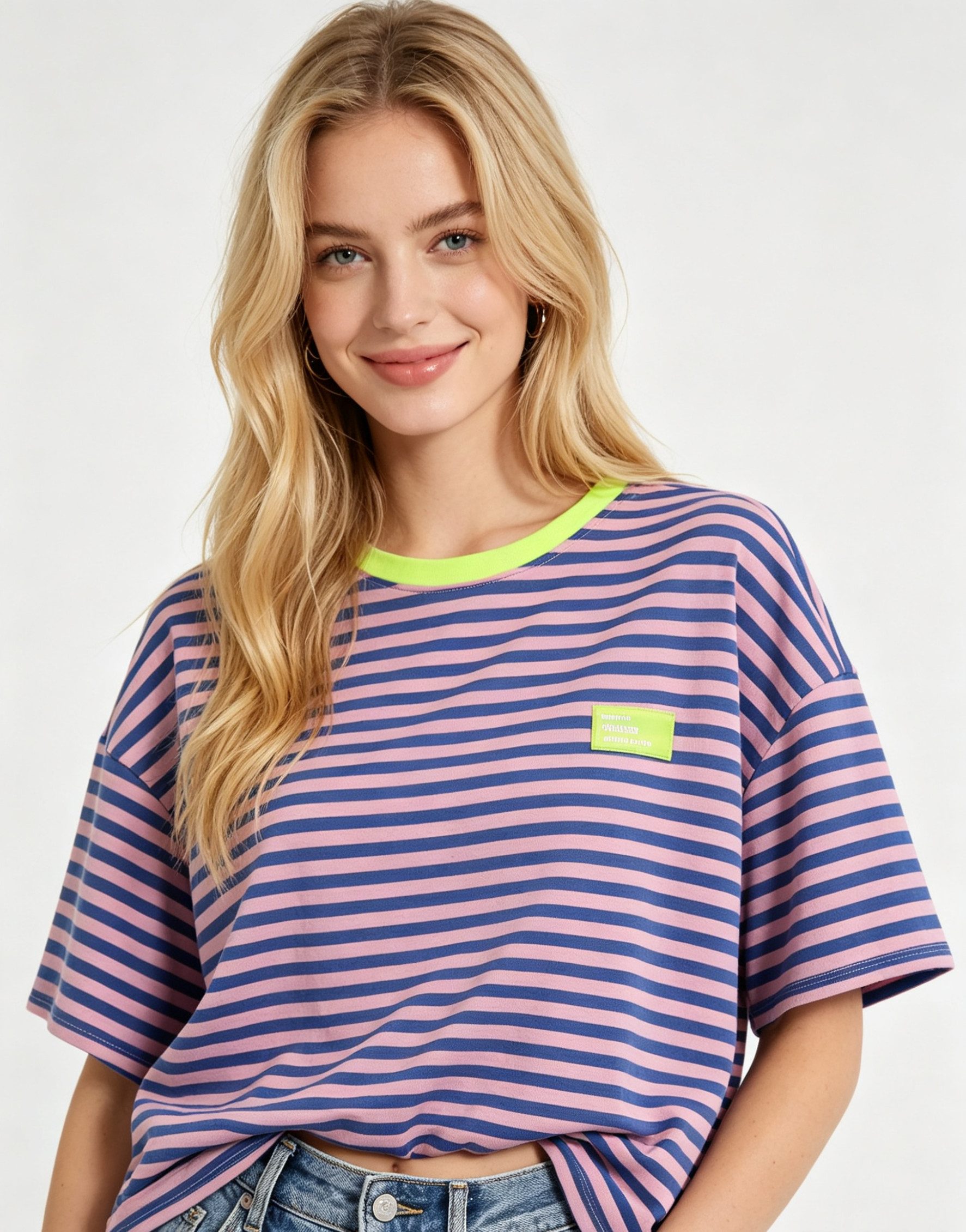 MIRROSI Sweatshirt Damen Kurzarm T Shirt Oversize Neonfarben Streifenmuster One Size Passform (ca. Gr. 34–40); Made in Italy