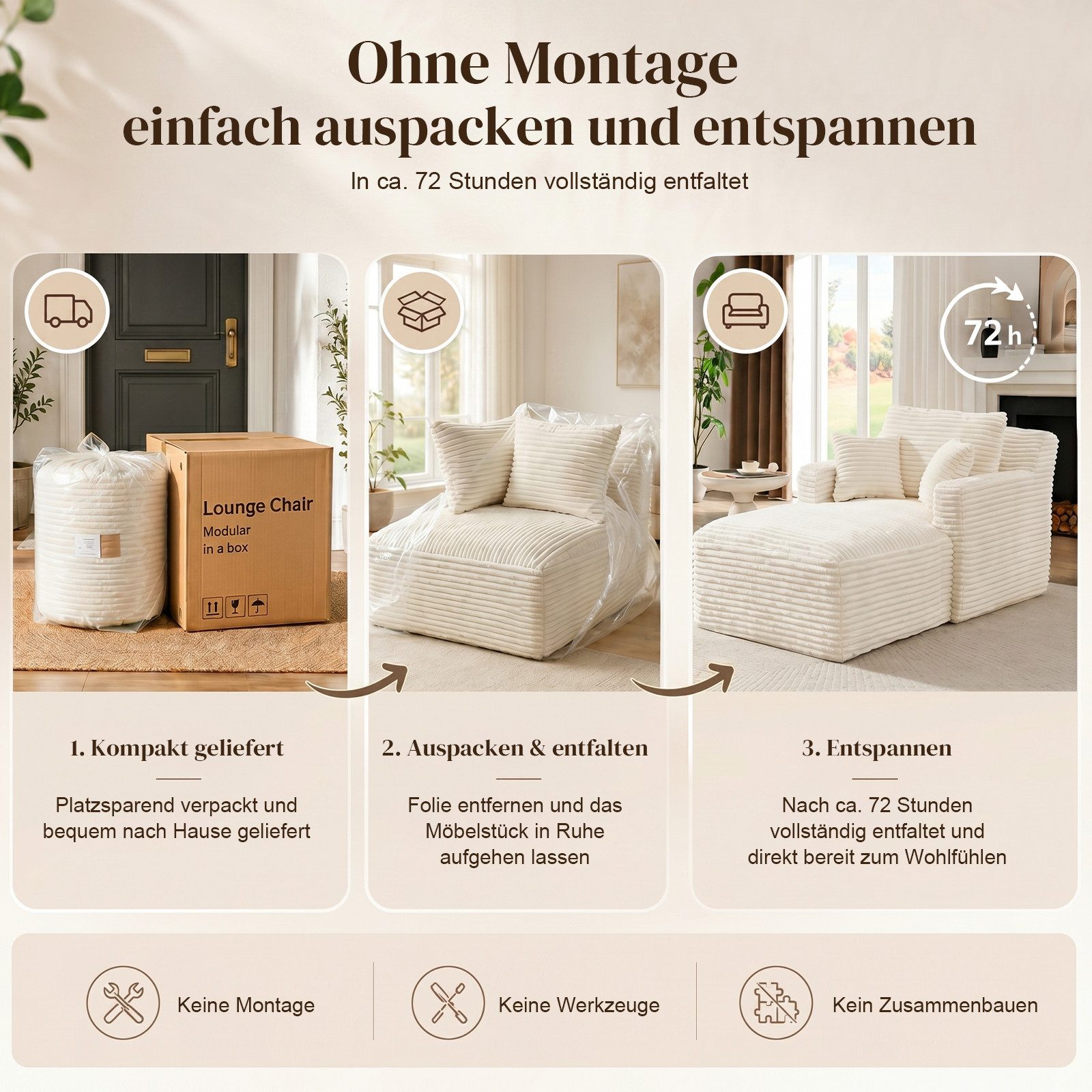 ANYSUN Loungesofa Modernes Chaiselongue-Sofa,Cord-Schlafsofa, 2 Kissen,Relaxsessel Cord, ohne Montage mit Taschenfederkern & Schaumstoffpolsterung,Loungesofa, L – Bild 5 von 5