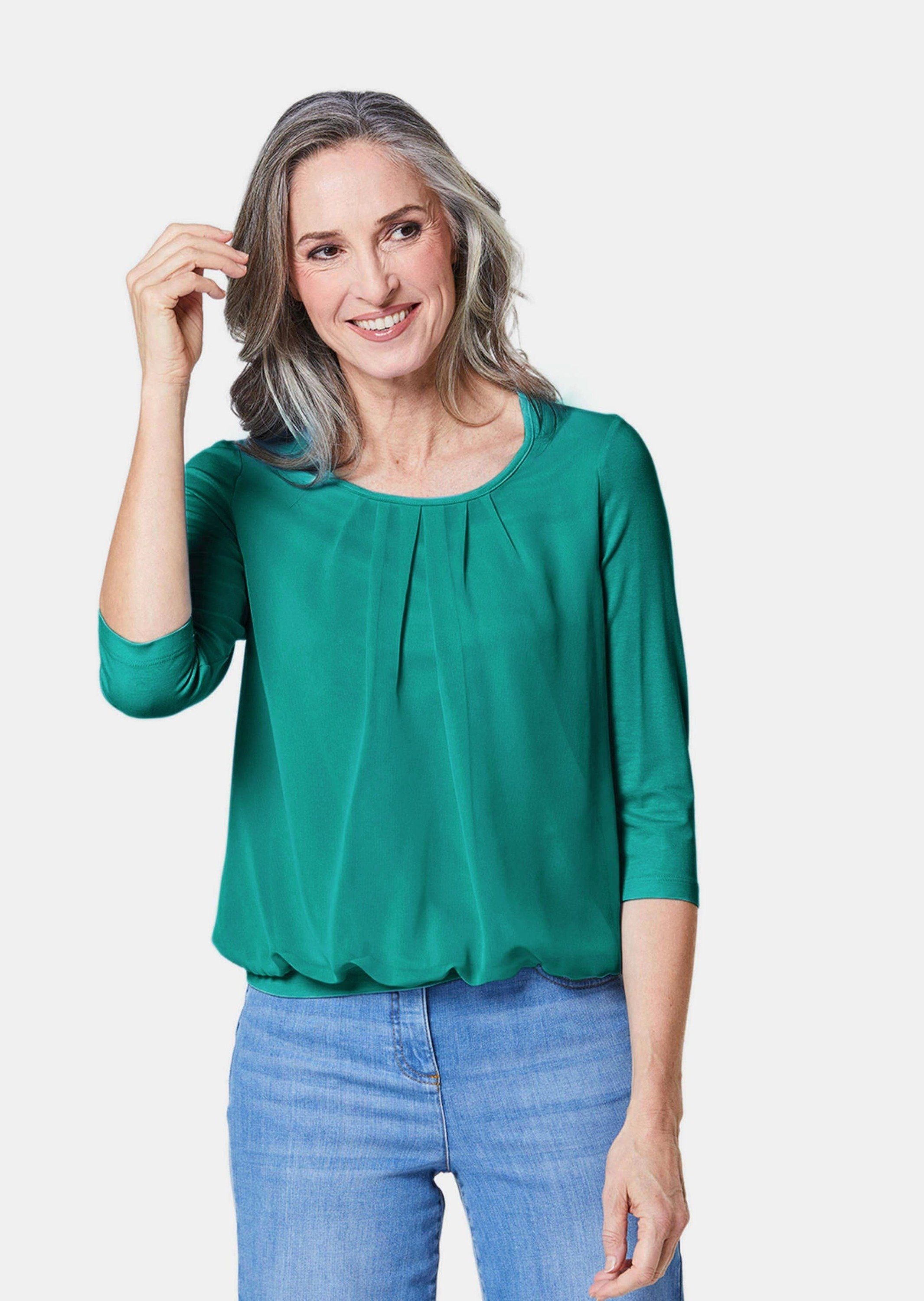 Blusen-Optik GOLDNER Gepflegtes smaragdgrün eleganter Shirt Kurzarmbluse in