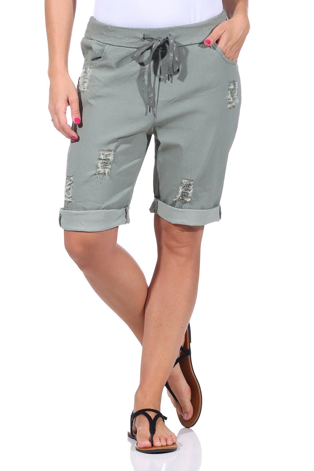 Aurela Damenmode Strandshorts Distressed im Khaki Damen casual, kurze leichten elastisch, basic, Bermuda Hose Stretch für Look Sommerliche