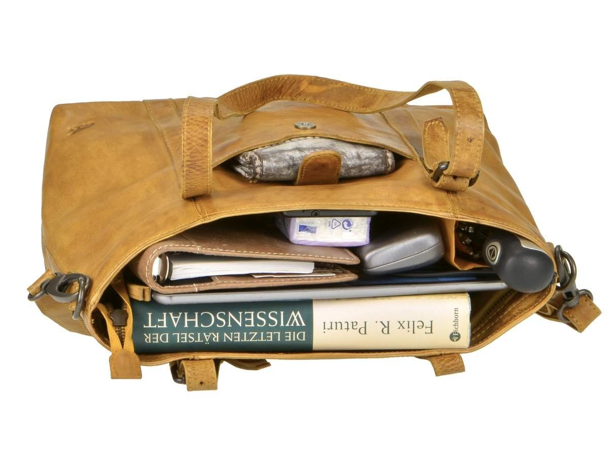 Bear Design Umhängetasche in Leder Schultertasche, Shopper Diede, 34x27cm, Handtasche, ocker gelb