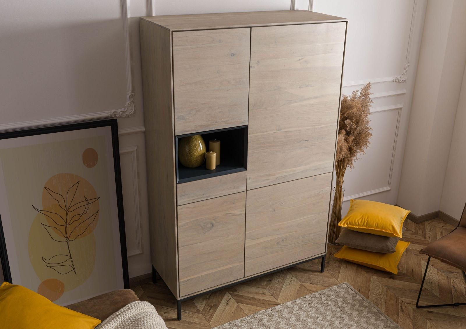 Massivmoebel24 Highboard CHICAGO (Massivholz), Highboard Akazie 111x45x175 grau-weiß geölt CHICAGO #09