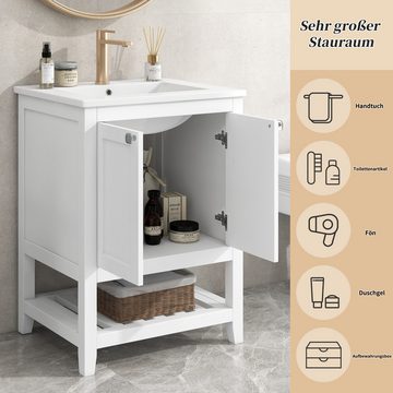 HIYORI Waschtisch Badmöbel Einzel Waschtisch mit Unterschrank mit Keramik-Waschbecken