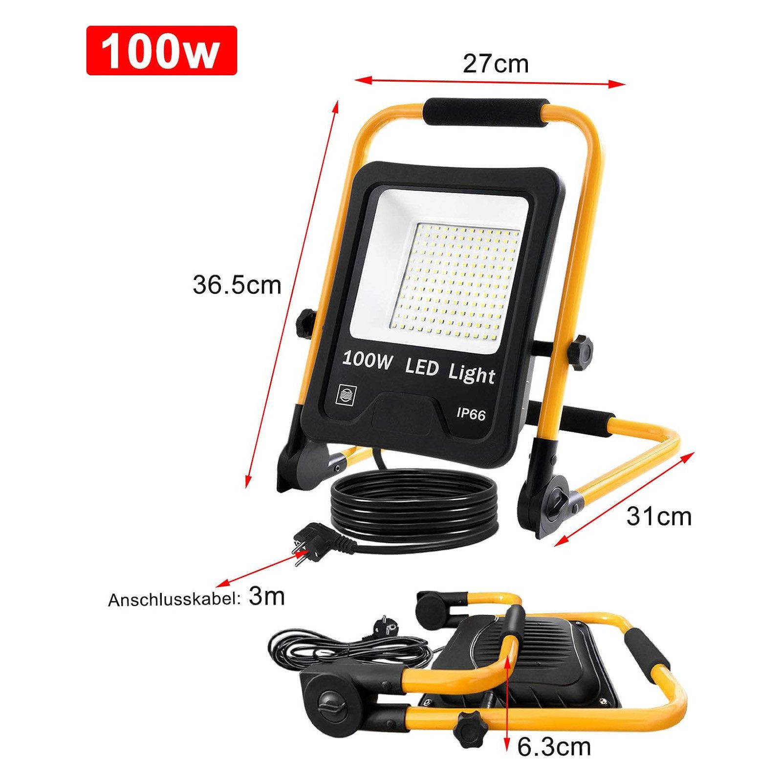 FIVMEN LED Flutlichtstrahler LED Baustrahler mit 3M Kabel LED Fluter Arbeitsscheinwerfer, für Innen-und Außenbereich,Garage, Baustelle, Sportplatz