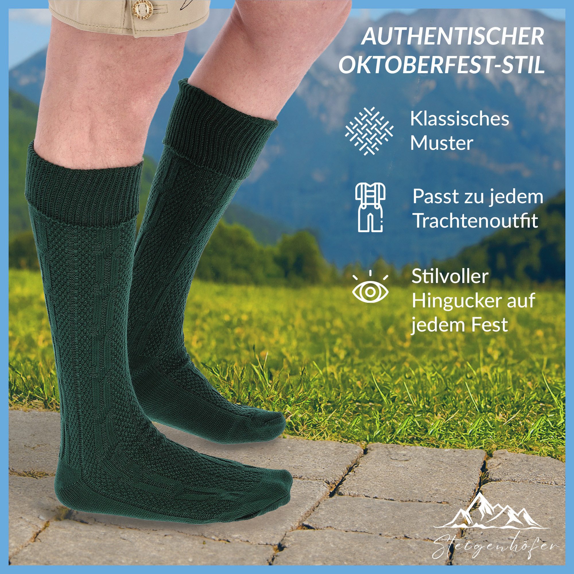 Steigenhöfer Manufaktur Trachtensocken für Herren und Damen – Socken mit Zopfmuster und Edelweißanstecker Oktoberfest Strümpfe aus Baumwolle für Männer & Frauen