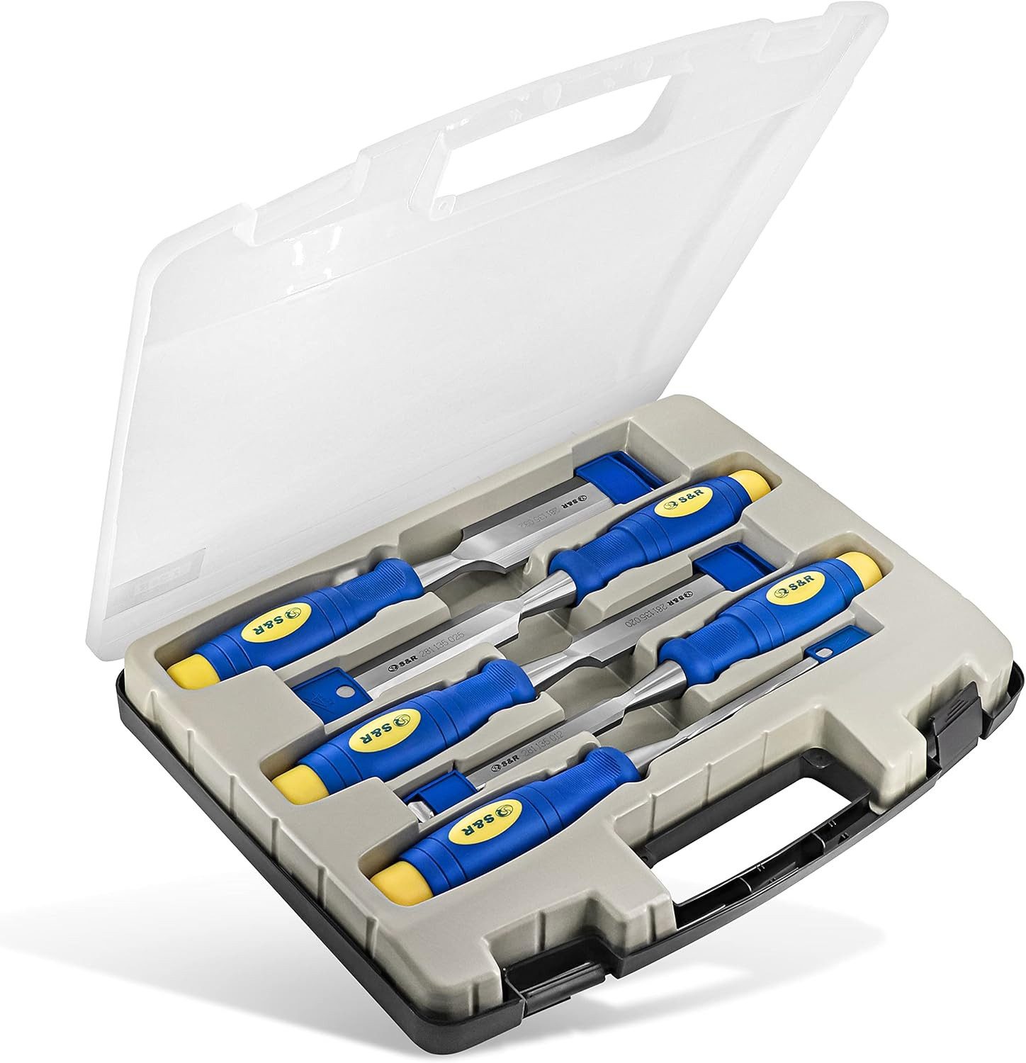 S&R Stechbeitel Set, rutschfeste ergonomische Griffe, hochbelastbare Stecheisen, (Set, 5-tlg., 5 Stück: 6, 12, 20, 25, 32 mm), Holzmeißel im Koffer, mit Schlagfläche, Länge 26,5 cm