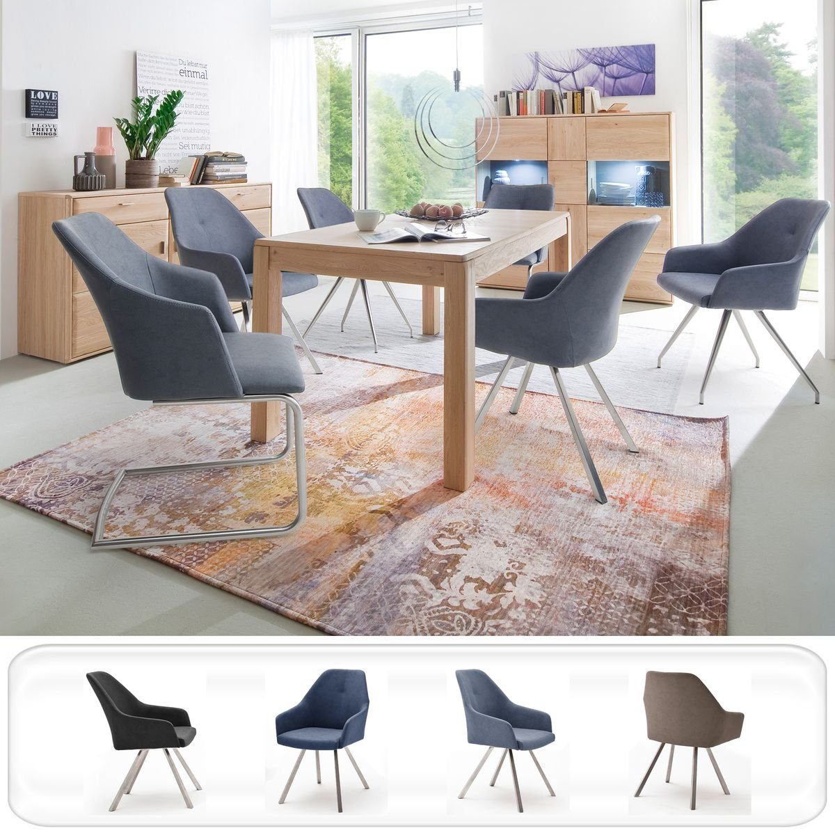 A1 Kunstleder bianco Torrent LED expendio Wohnzimmer-Set + Stuhl 149, 4x (Spar-Set, montiert Eiche 7-St), graublau