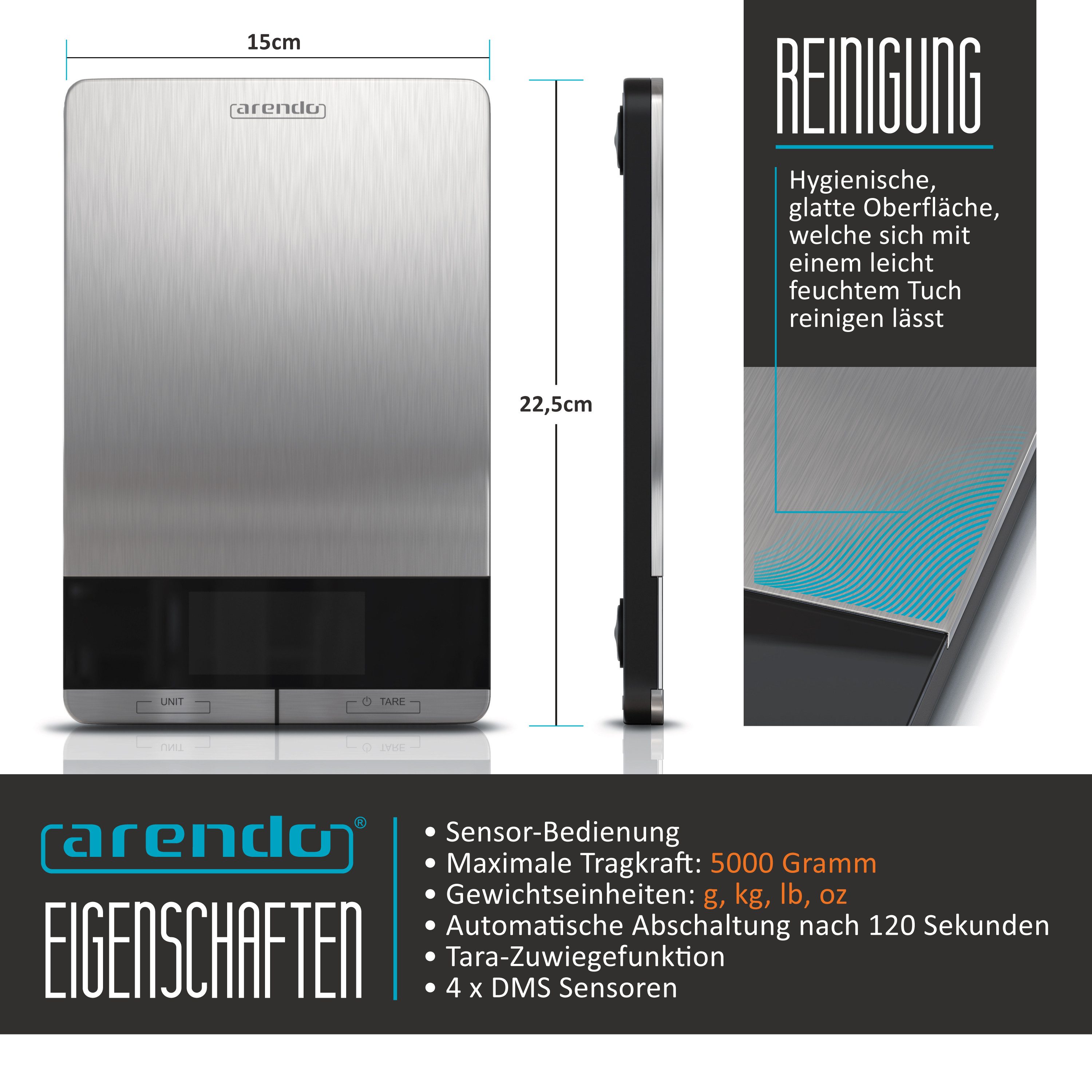 Arendo Küchenwaage Digital, Edelstahl, bis 5000 g, Digitalwaage, Touch, Tara, Hold, (1-tlg), Überlastanzeige, automatische Abschaltung, Antirutschfüße, GS, präzise