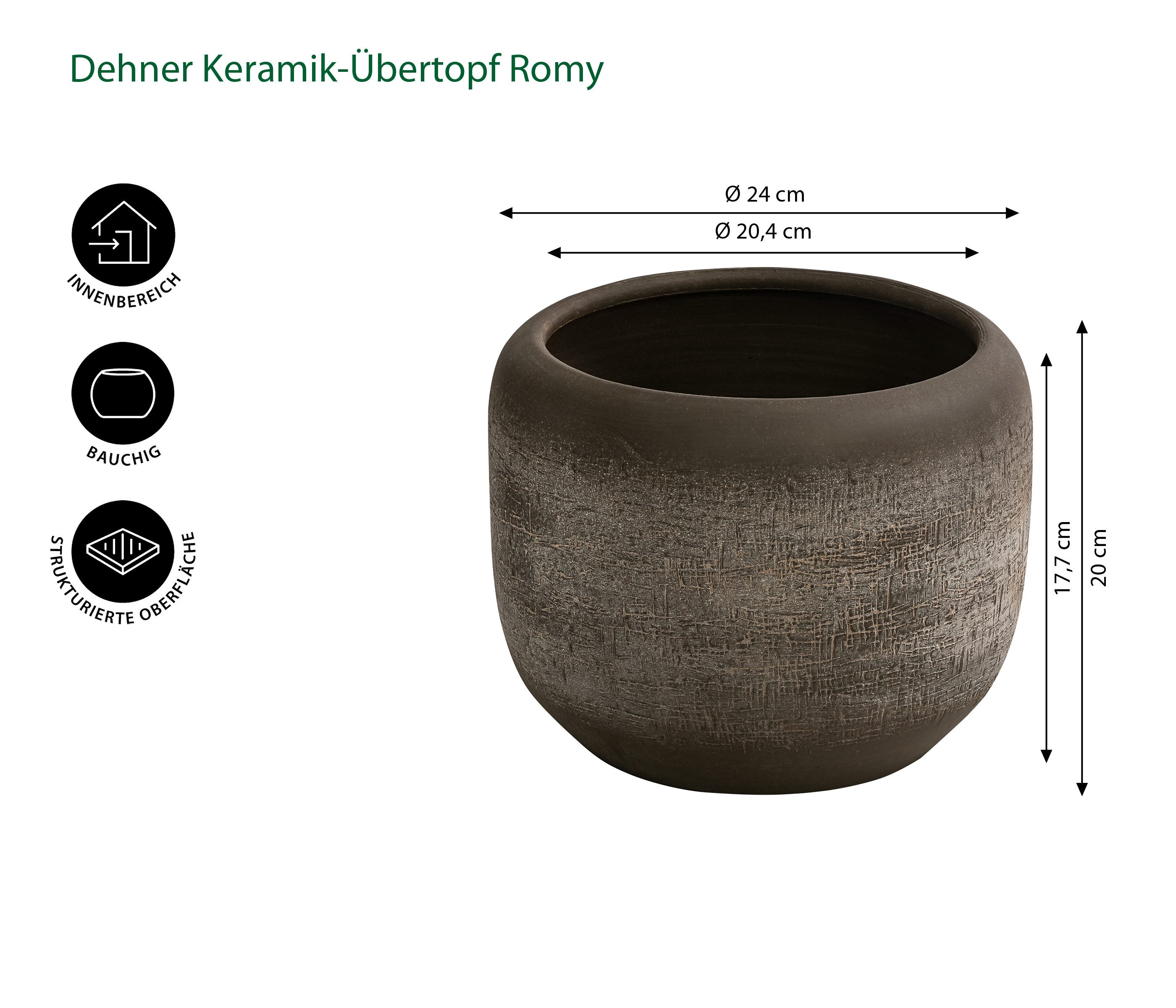 Dehner Übertopf Romy, Ø 24 - 29 cm, Höhe 20 - 26 cm, rund, Keramik, Übertop günstig online kaufen