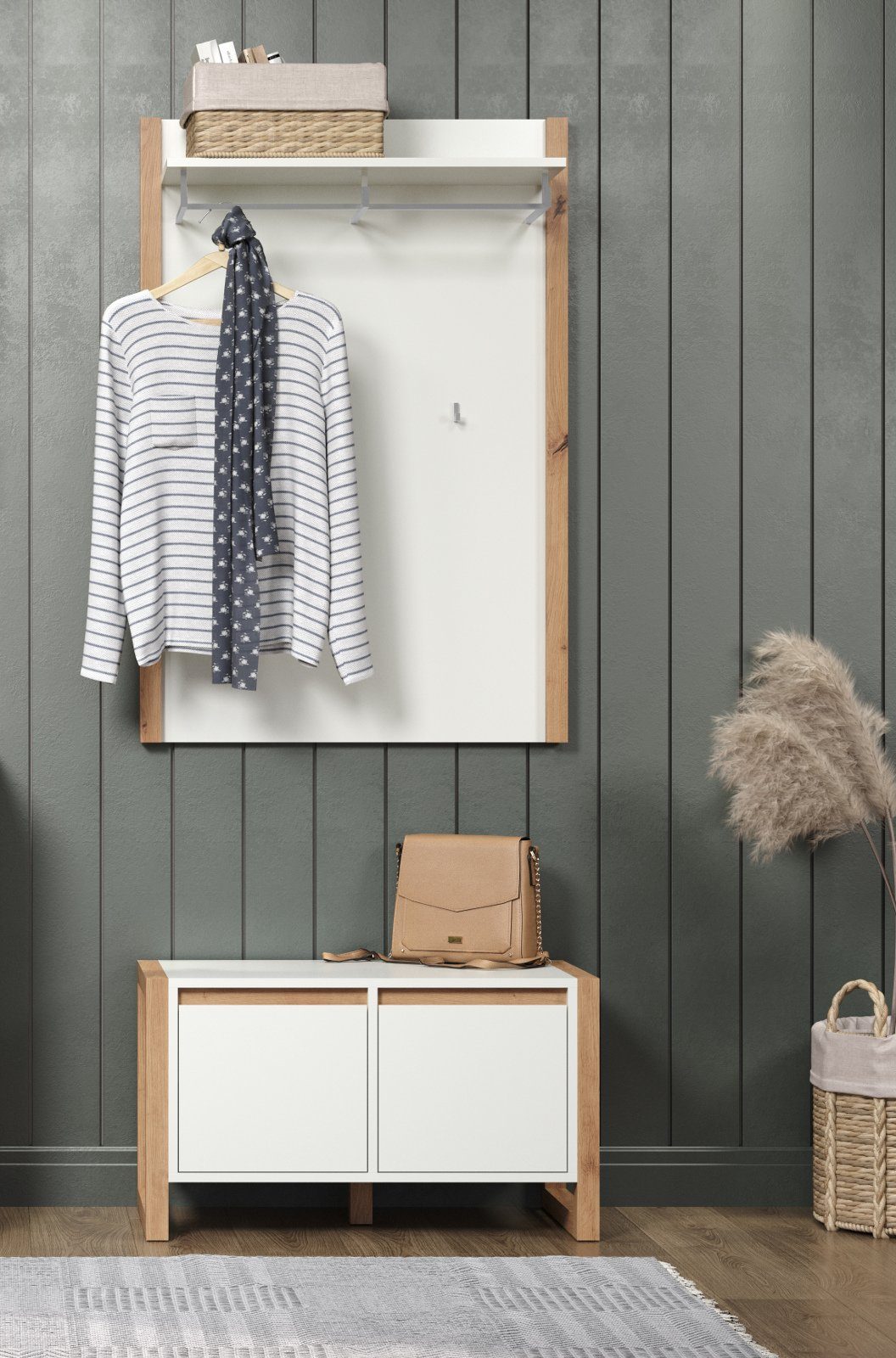 114 mit 78 x Kleiderstange weiß Eiche Garderobenpaneel mit cm), Dakota Artisan, trendteam in (Wandgarderobe