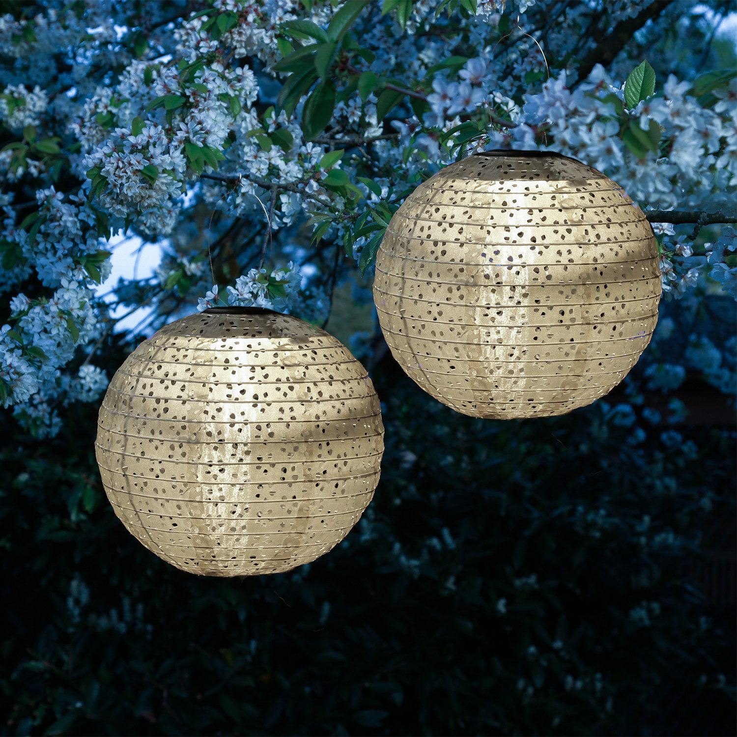 MARELIDA LED Lampion Solar Gartenlampions Blumenmuster beige 25cm Balkon Terrasse 2 Stück, LED Classic, warmweiß (2100K bis 3000K)