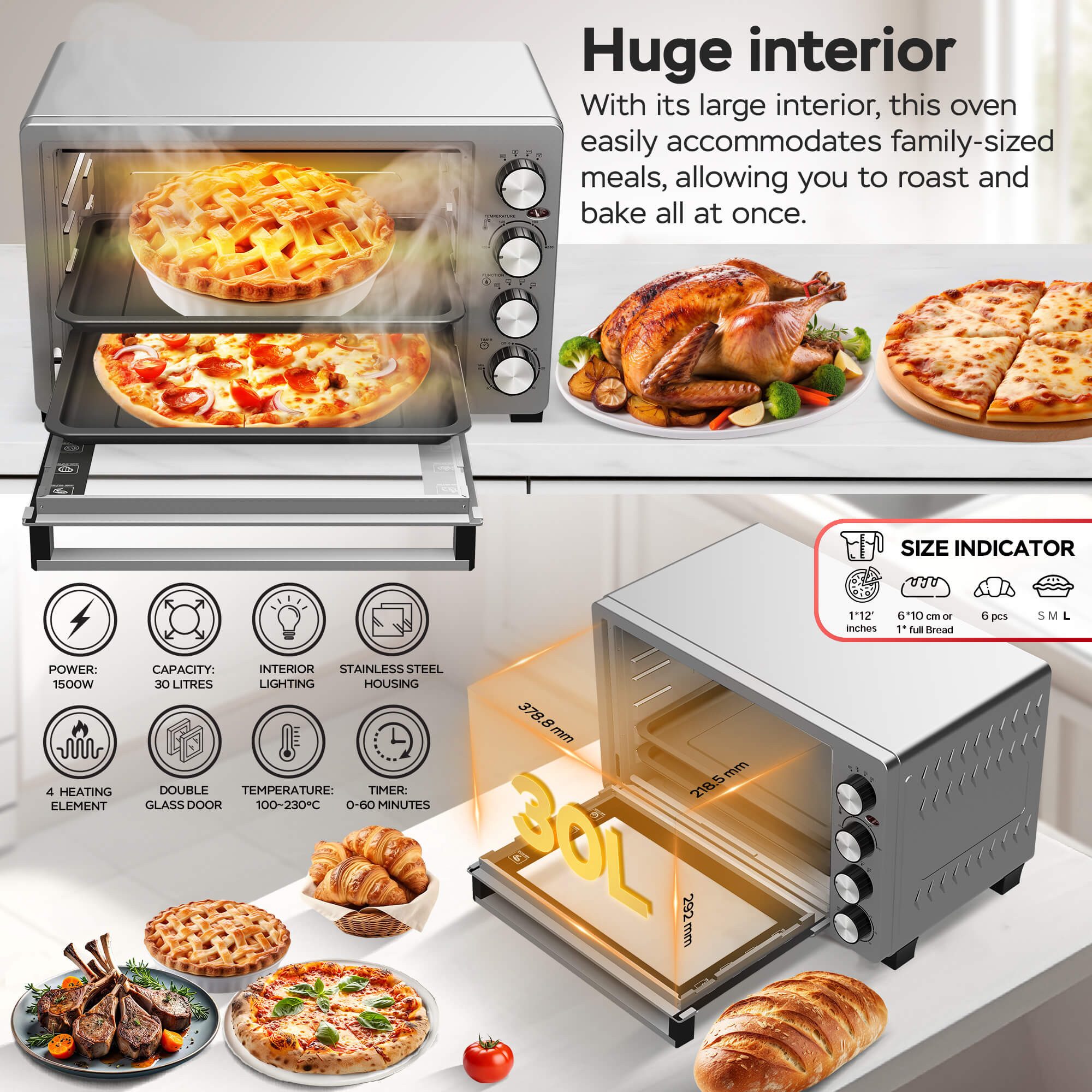 TurboTronic by Z-Line Minibackofen 1500 W 30 l Mini Backofen mit Umluft Drehspieß Grill Pizzaofen Timer, Tischbackofen mit Umluft, kleiner Backofen, Mini Ofen, freistehend