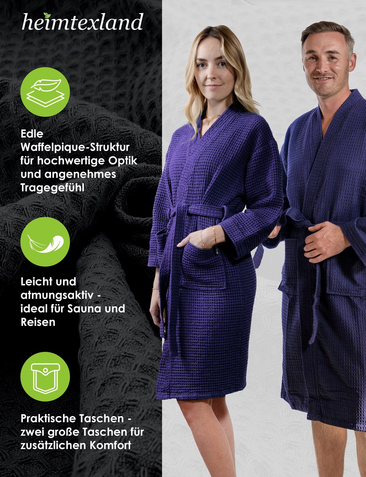 heimtexland Bademantel Reisebademantel Saunamantel Waffelpique Bademantel, Midilänge, Baumwolle, 2 Taschen I Bindegürtel, Gürtel, leicht I atmungsaktiv I kleines Packmaß I 100% Baumwolle