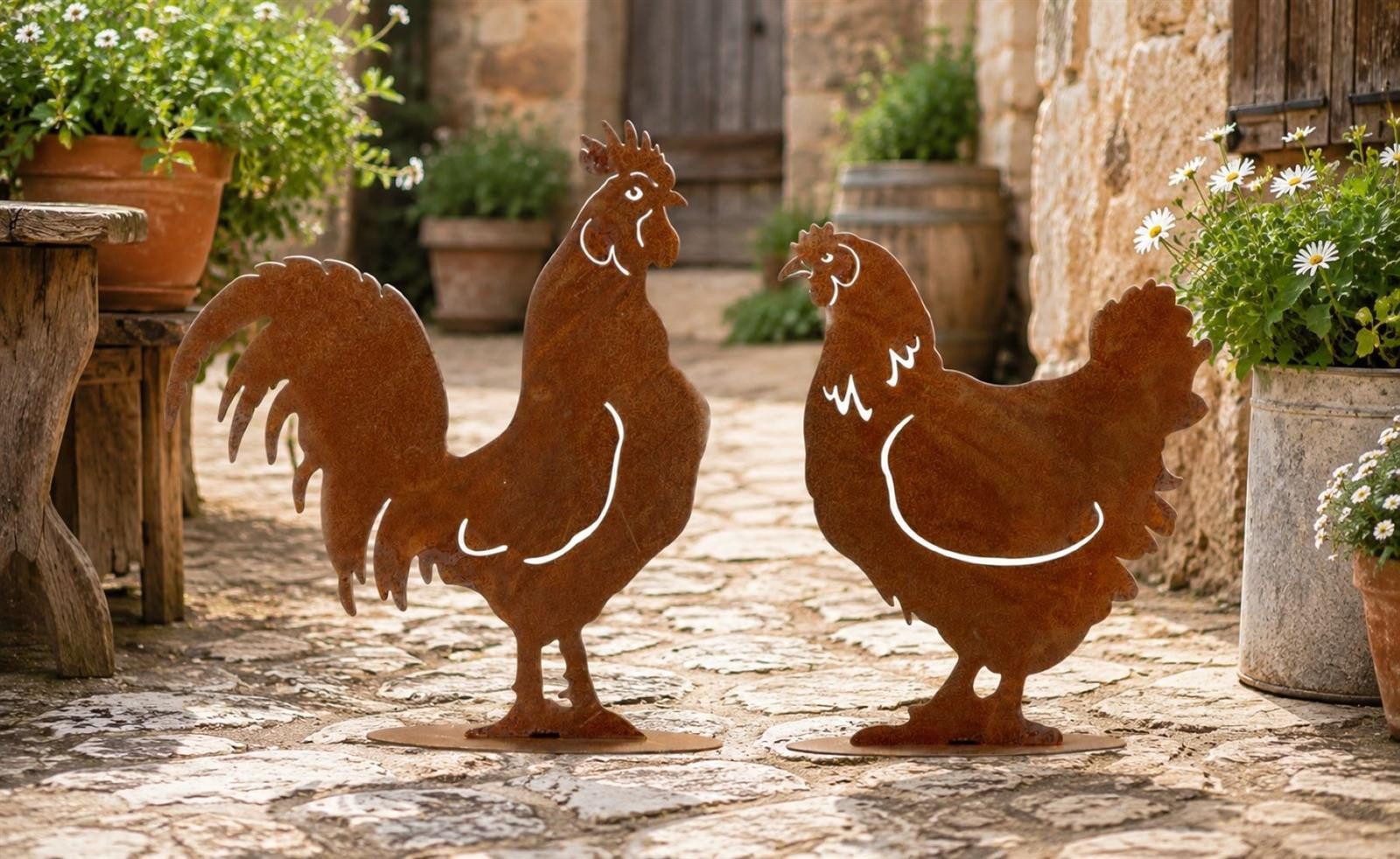 Geschenkestadl Tierfigur Hahn Henne Silhouette Rost 2er Set Metall Garten Deko Landhaus 29cm (2 St., 1 Hahn 1 Henne), Deko Huhn und Hahn rost – Bild 3 von 5