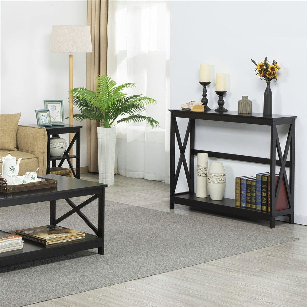 Yaheetech Konsolentisch 2-stufiger Beistelltisch 102 x 30 x 81 cm, Flurtisch mit 2 Ablagen, X-förmige Stütze, Tischbeine aus Massivholz – Bild 4 von 5