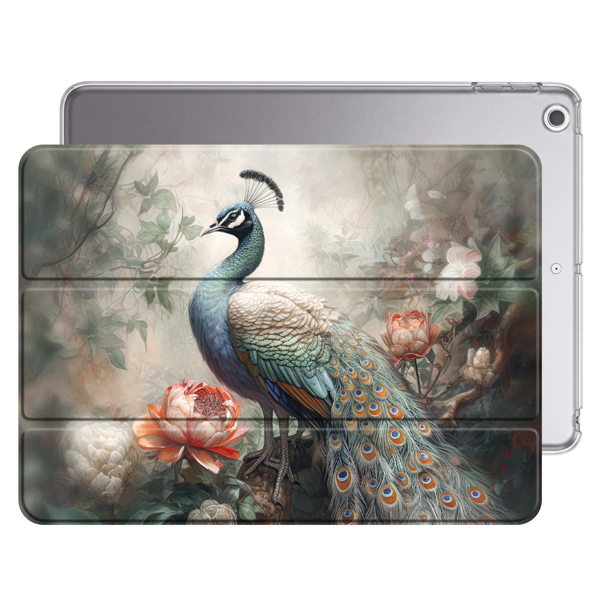 OnlyWow Tablet-Hülle Apple iPad Air 2 Pfau - Pfauenfedern - Vogel - Dschungel - Blumen, Smart Case, Auto-Sleep/Wake-Funktion, Stoßfest, Motiv
