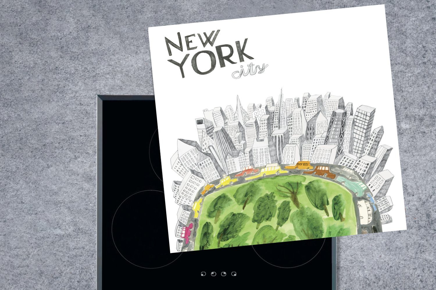 Illustration Eine (1 Herdblende-/Abdeckplatte MuchoWow Vinyl, Park New tlg), 78x78 Central York, in küche cm, des Ceranfeldabdeckung, Arbeitsplatte für