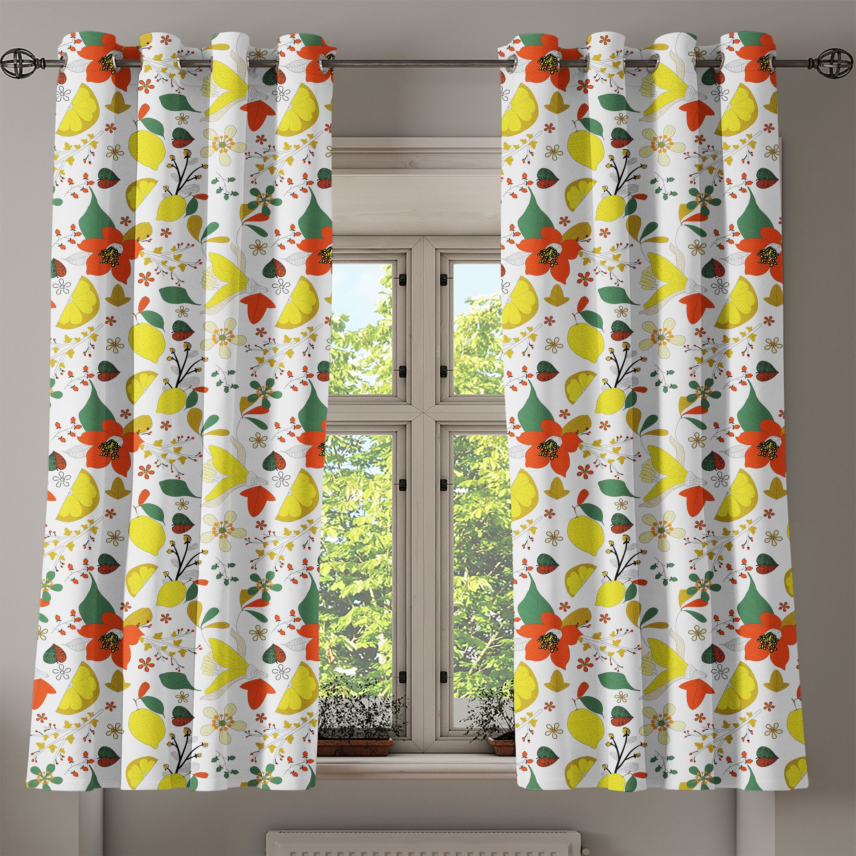 Gardine Dekorative Abakuhaus, Frühlings-Zitronen-Blätter 2-Panel-Fenstervorhänge für Blumen Schlafzimmer Wohnzimmer