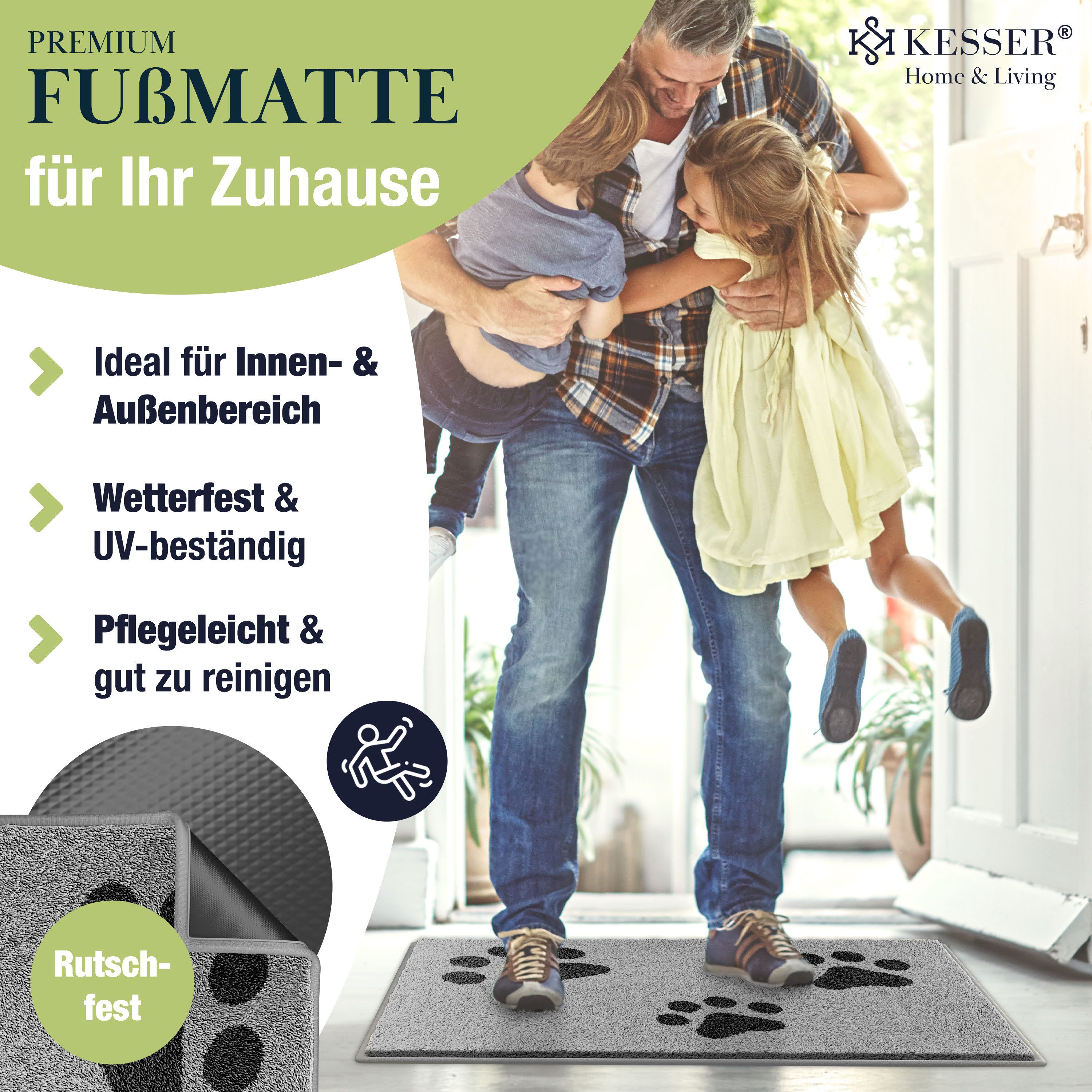 KESSER Fußmatte Schmutzfangmatte rutschfest für Innen- & Außenbereich, Höhe: 7 mm, Teppich für Wohnungseingang, Büro & Vorzimmer