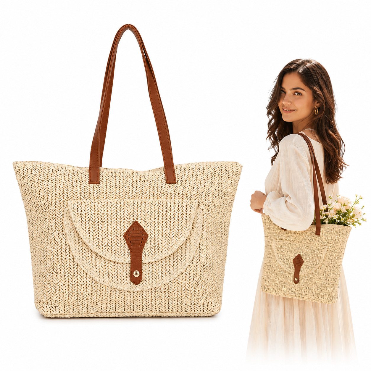 MOPUEA Strandtasche Stroh Geflochten Schultertasche für Damen Boho Strohtasche (Schultertasche, Umhängetasche, Sommer, Strand, 1-tlg., Tragegriff oben für Reisen, Strand Urlaub Sommer Alltag), Geräumige Tragetasche mit Reißverschluss