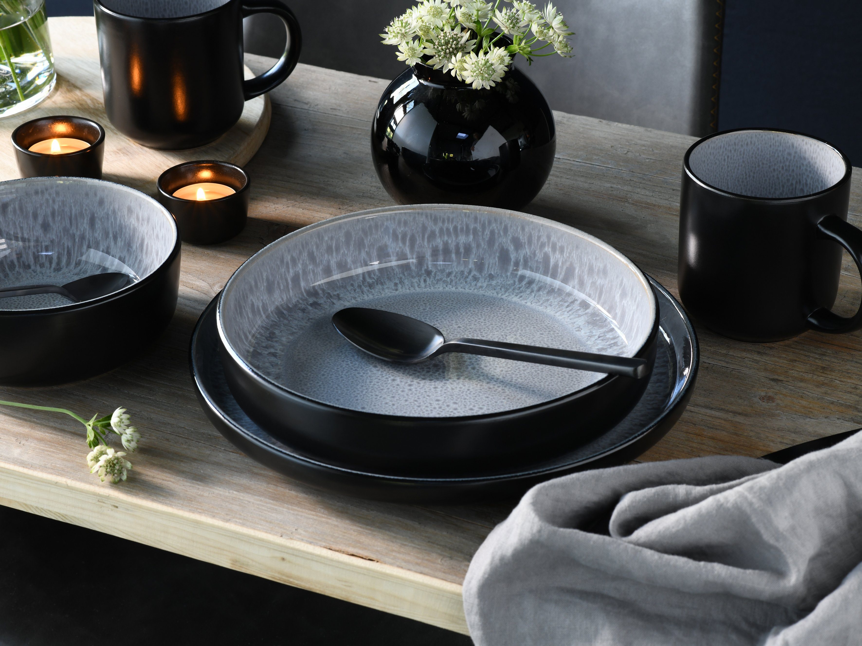 creaTable Kombiservice Nordic Fjord (30-tlg), 6 Personen, Steinzeug, je 6 Speiseteller, Suppenteller, Dessertteller, Schalen, Kaffeebecher – Bild 4 von 5