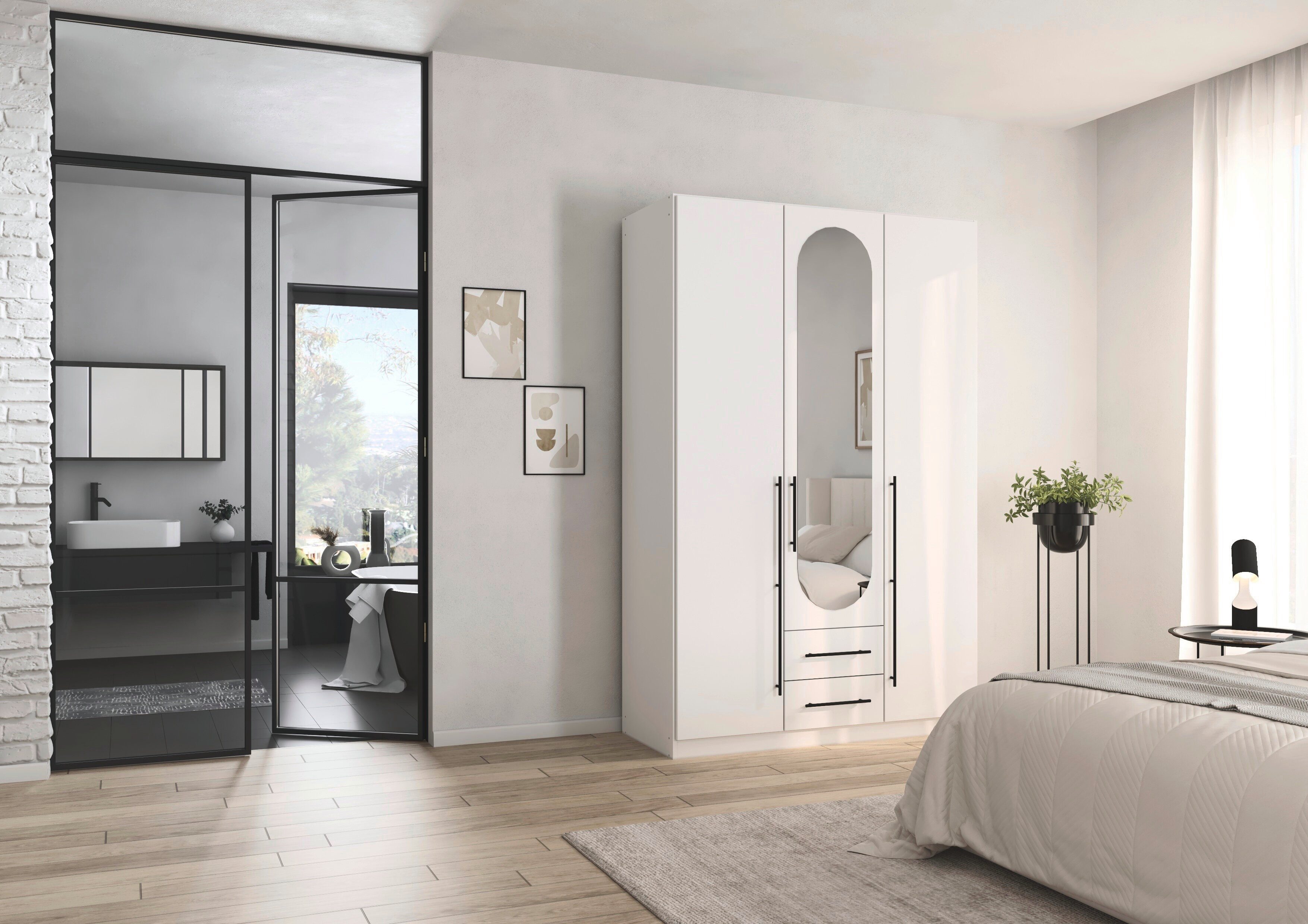 OTTO home Kleiderschrank Schlafzimmer Schrank Garderobe RONDO Breiten 136/181/226/271 cm (3 verschiedene Ausstattungen BASIC/CLASSIC/PREMIUM (inkl. SOFT-CLOSE) elegante ovale Spiegelelemente Metallgriffe in Schwarz MADE IN GERMANY