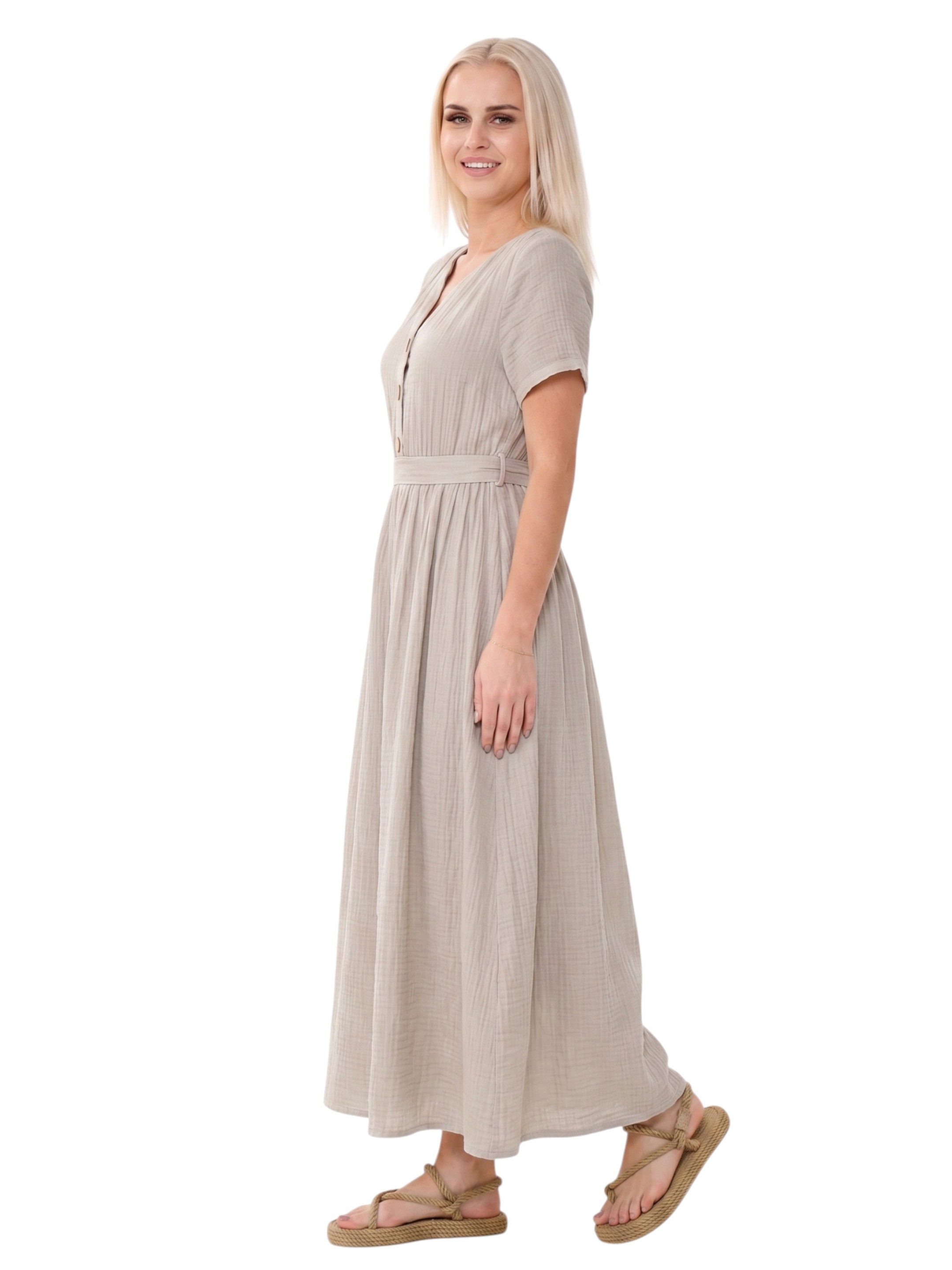 WENOR Sommerkleid Musselin Boho Kleid mit Knopfleiste & Taillenband, Freizeitkleid (1-tlg) Vorn mit Holzknöpfen, Bindegürtel an der Taille – Bild 2 von 4