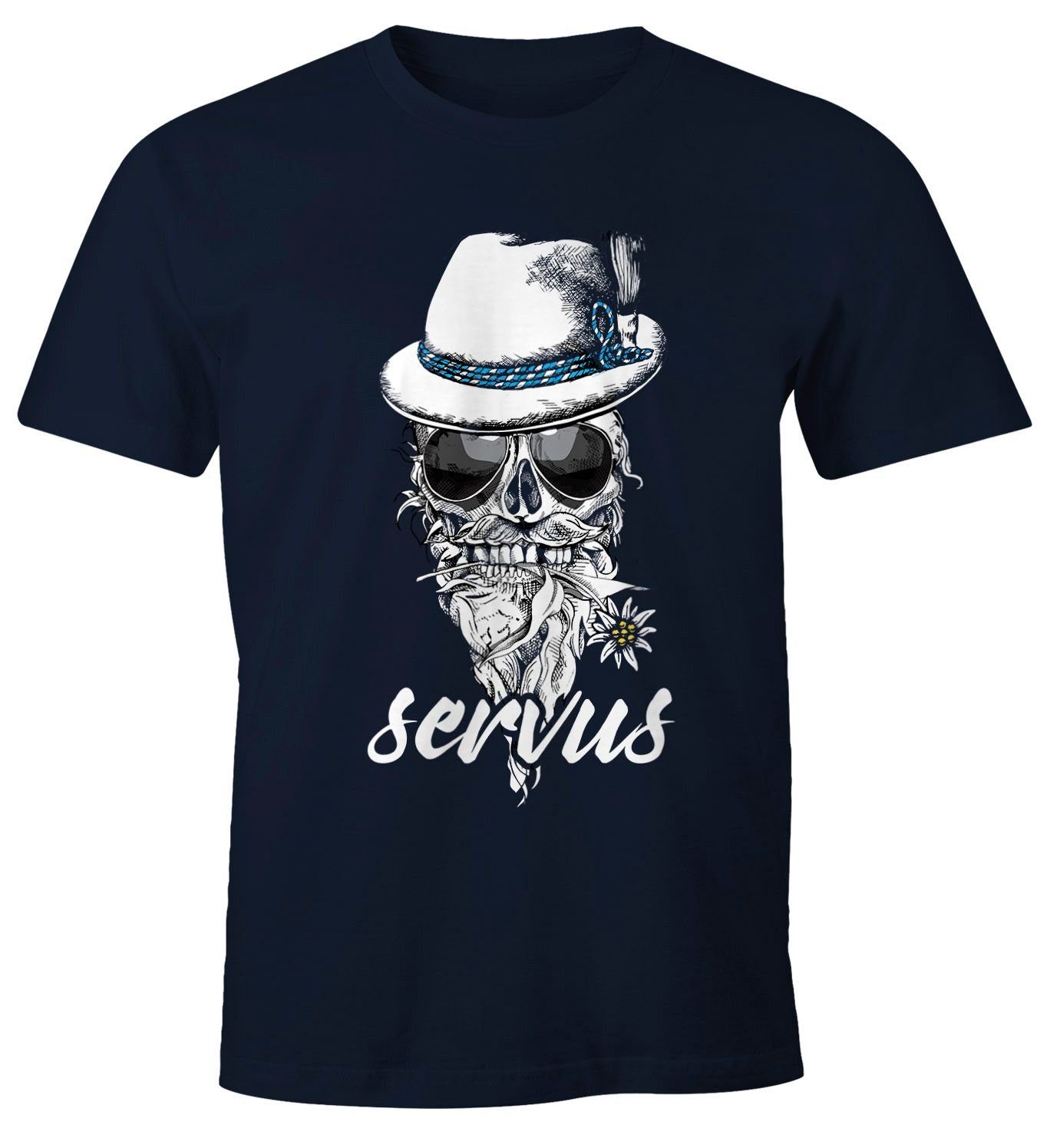 MoonWorks Print-Shirt Herren T-Shirt Totenkopf Filzhut Bayern Skull Blume servus Fun-Shirt mit Print