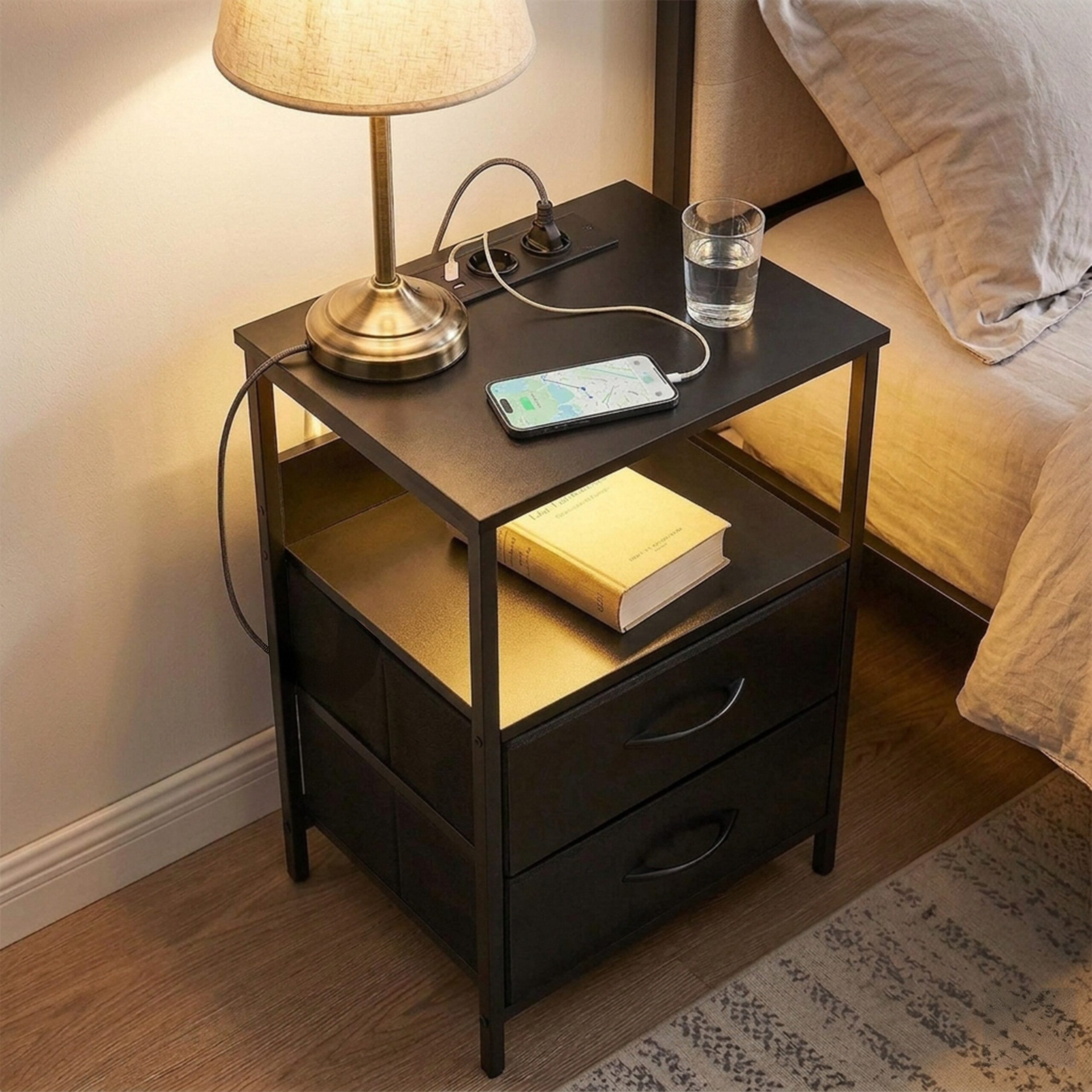 relaxdays Nachttisch Beistelltisch mit LED & USB-Anschluss, schwarz