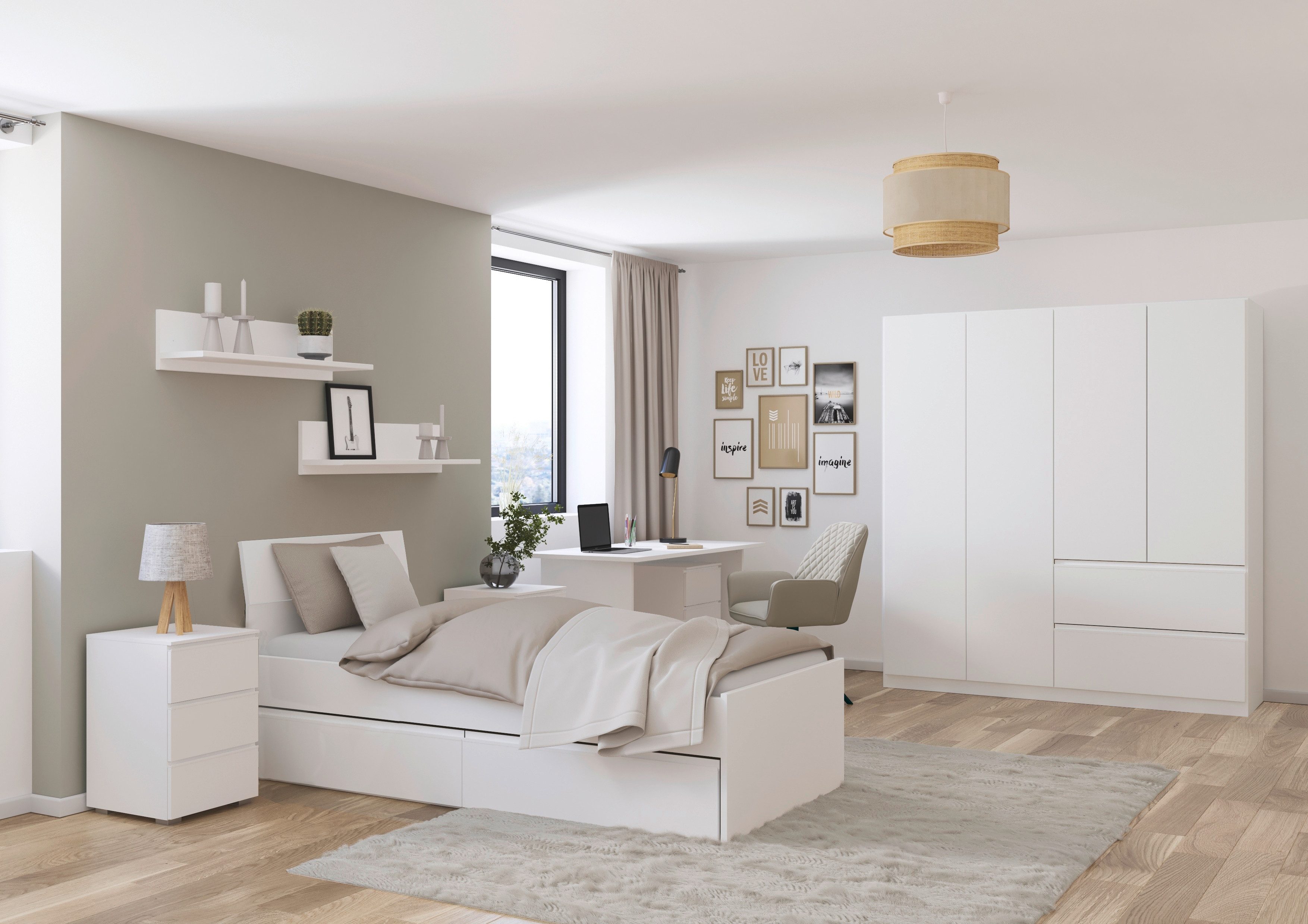 möbel-direkt.de Jugendzimmer-Set Joel 4trg Kleiderschrank Weiß, (Komplett Set, 5-tlg., in verschiedenen Ausführungen wählbar), Push To Open Funktion der Kleiderschranktüren