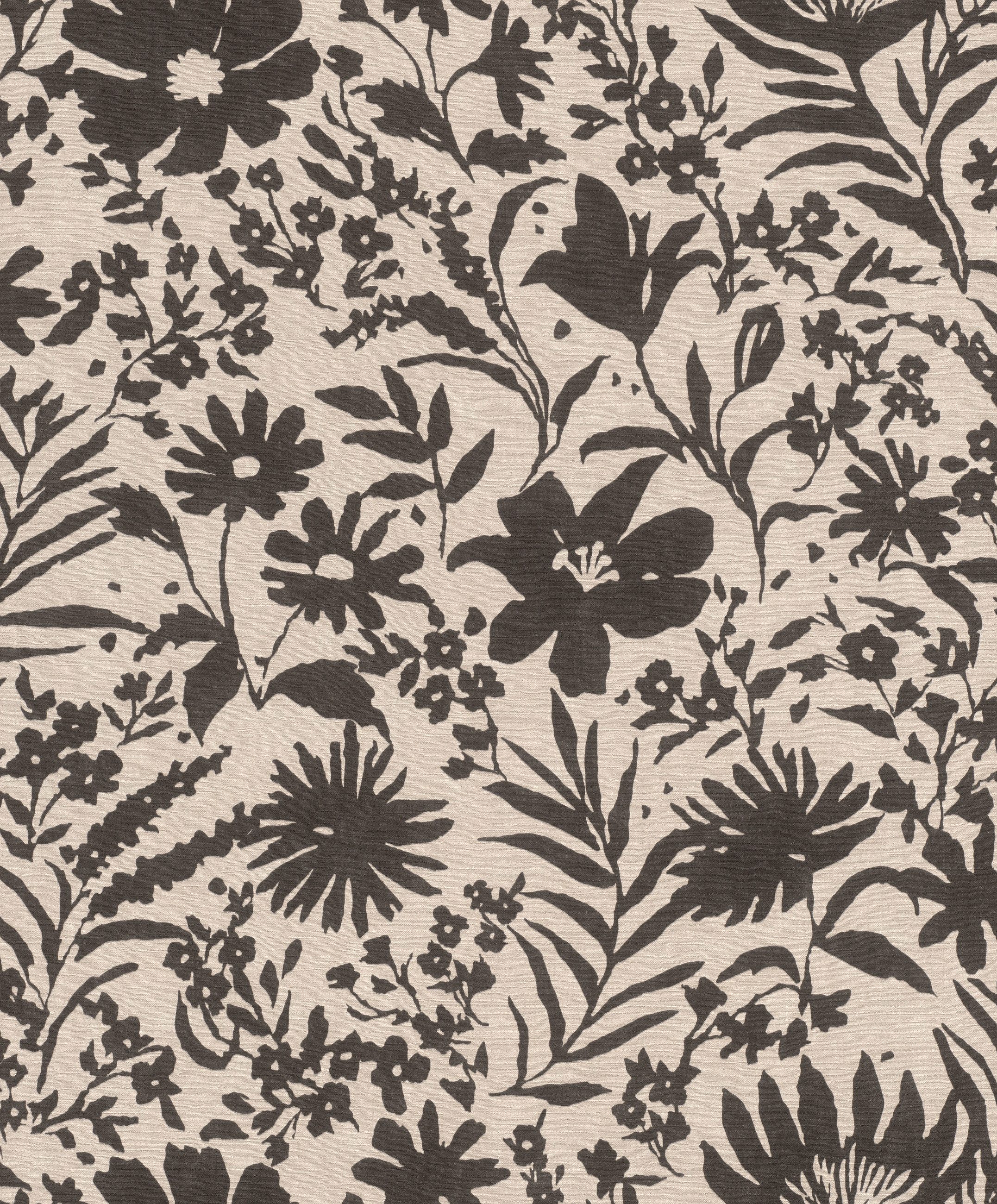 Rasch Vliestapete Blumen - Vinyltapete Beige Schwarz, floral, matt, Textiloptik, (1 Rolle, 1 St., Kollektion 'Paraiso' - 10,05 m x 0,53 m), Lichtbeständige Farben - Feucht abwischbar - Restlost abziehbar