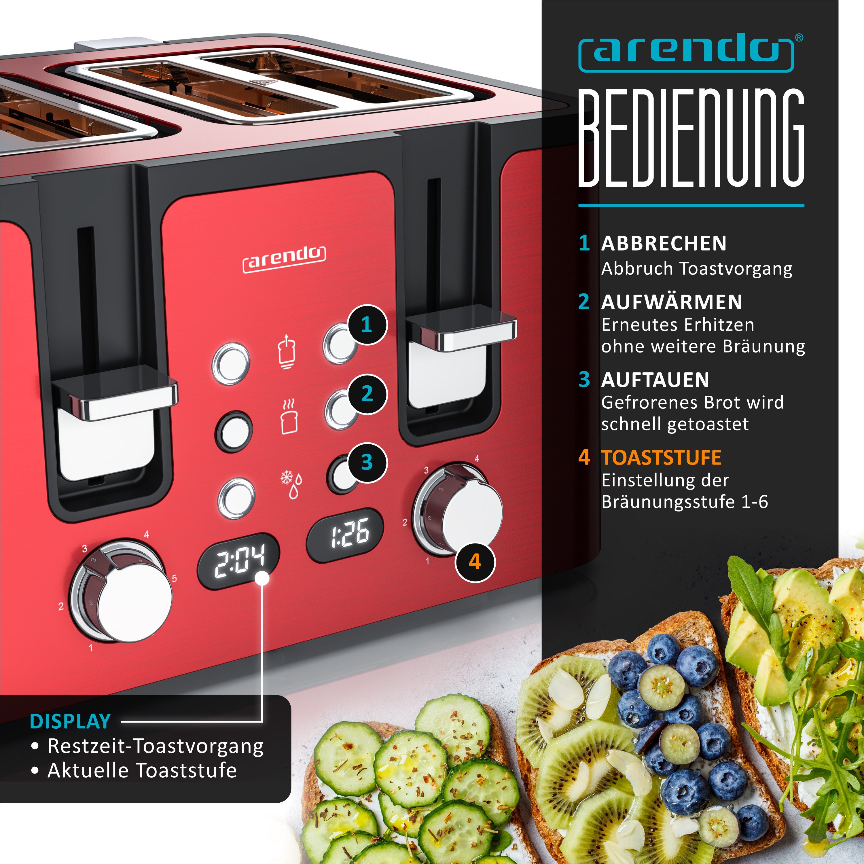 Arendo Toaster 4-Scheiben, Edelstahl, Brötchenaufsatz, Restzeitanzeige, Rot, 4 kurze Schlitze, für 4 Scheiben, 1750 W, Doppelwandgehäuse, Defrost Funktion, Krümelschublade, 6 Bräunungsgrade
