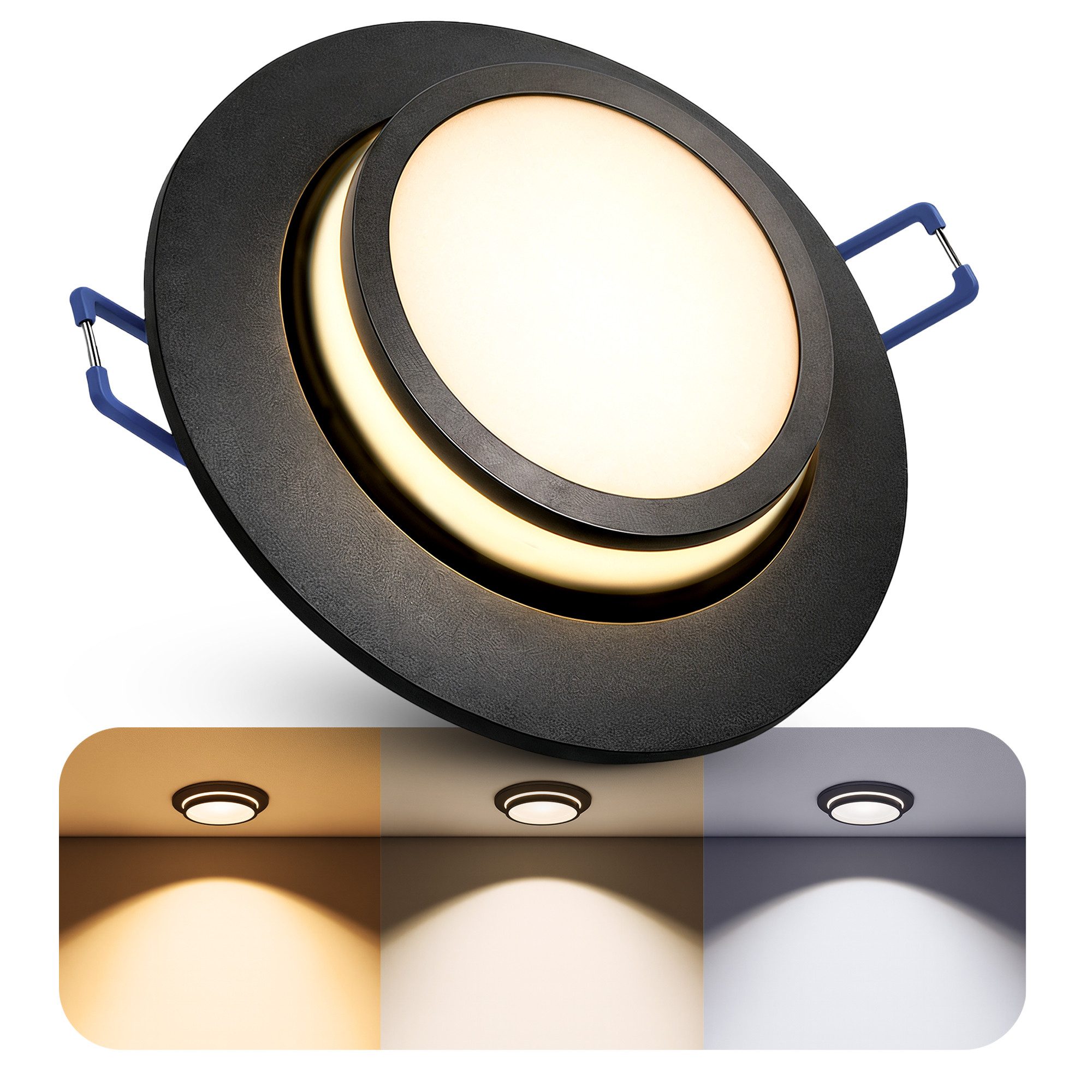 SSC-LUXon LED Einbaustrahler LAGO Einbauleuchte schwarz LED Lampe 3in1 drei Lichtfarben Deckenlampe, Neutralweiß, Warmweiß, Tageslichtweiß
