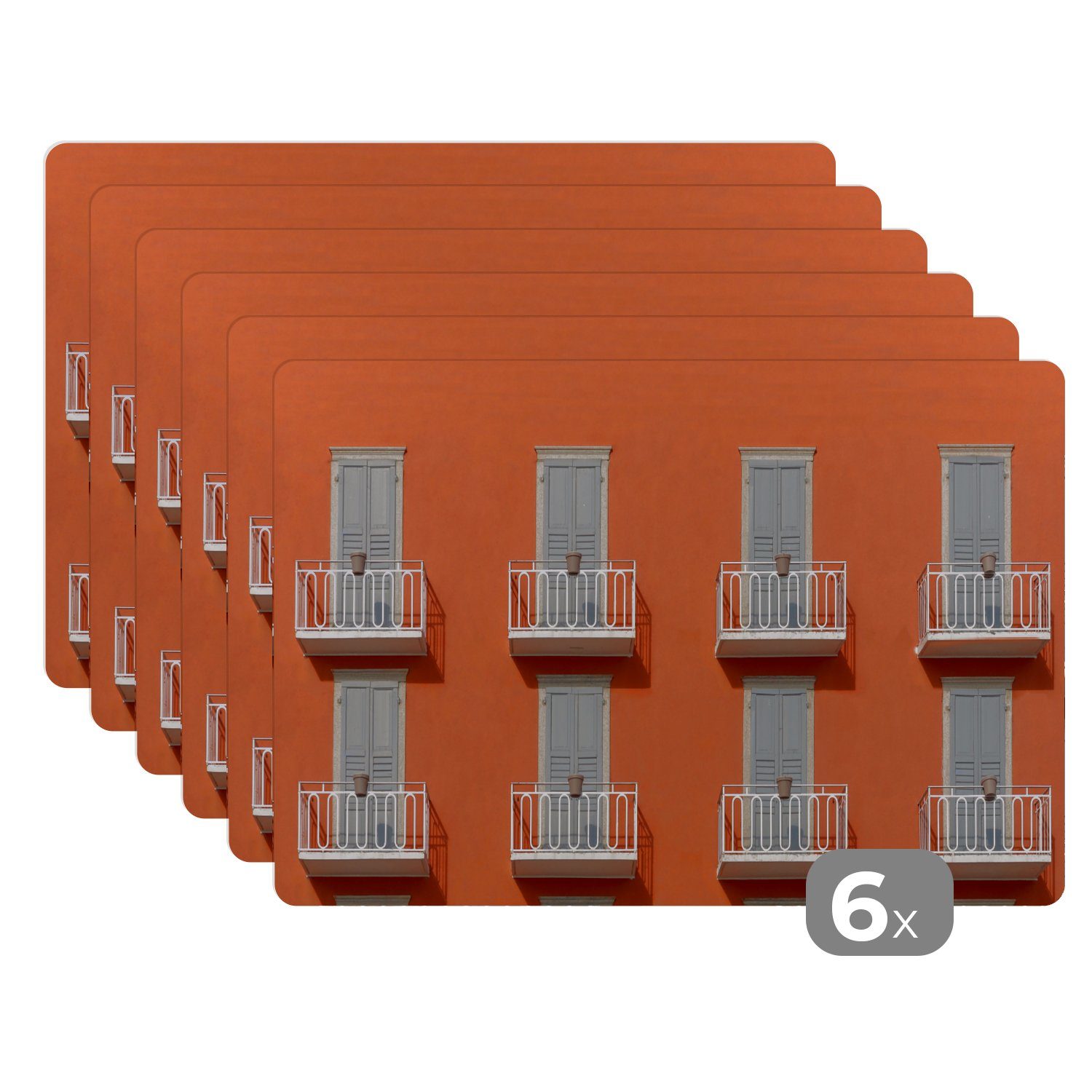 Platzset, Tür - Balkon - Architektur - Palme - Orange, MuchoWow, (6-St), Platzset, Platzdecken, Platzmatte, Tischmatten, Schmutzabweisend | Tischsets