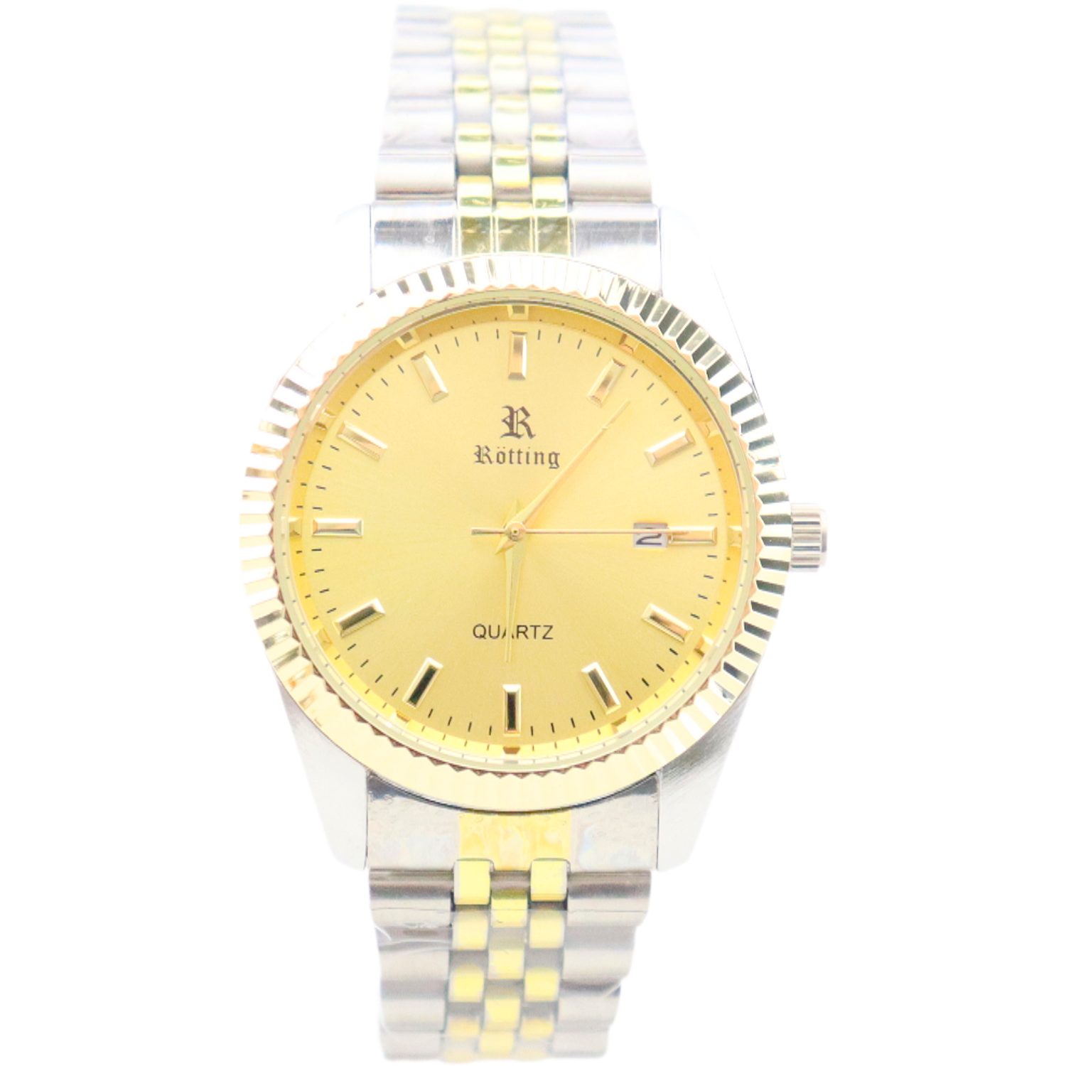 Rötting Design Quarzuhr Herrenuhr Quarz goldfarbene Lünette und Ziffernblatt DATUM