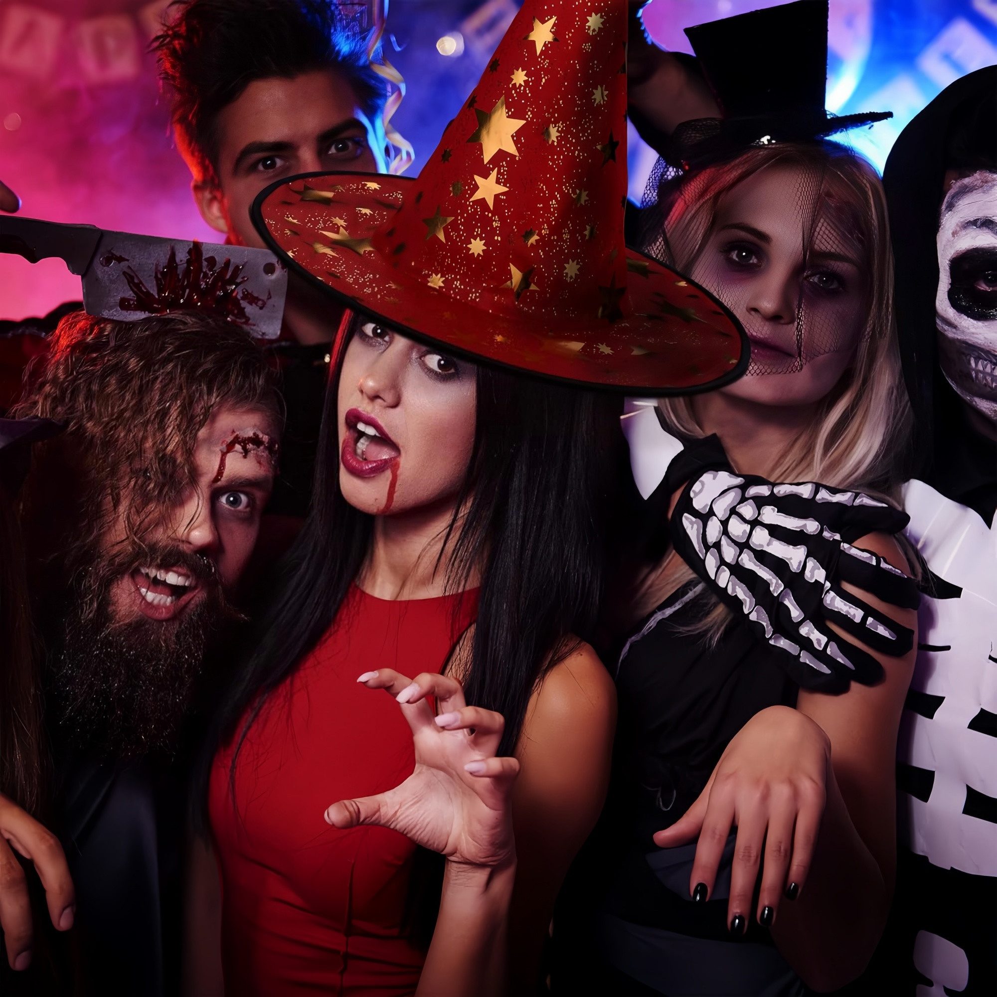 FOUORTUNATE-BEE Hexen-Kostüm 6er Set Halloween Zauberhüte mit Sternen für Kostüme, Bunte Hexenhüte als Zubehör für Halloween-Partys & Verkleidung