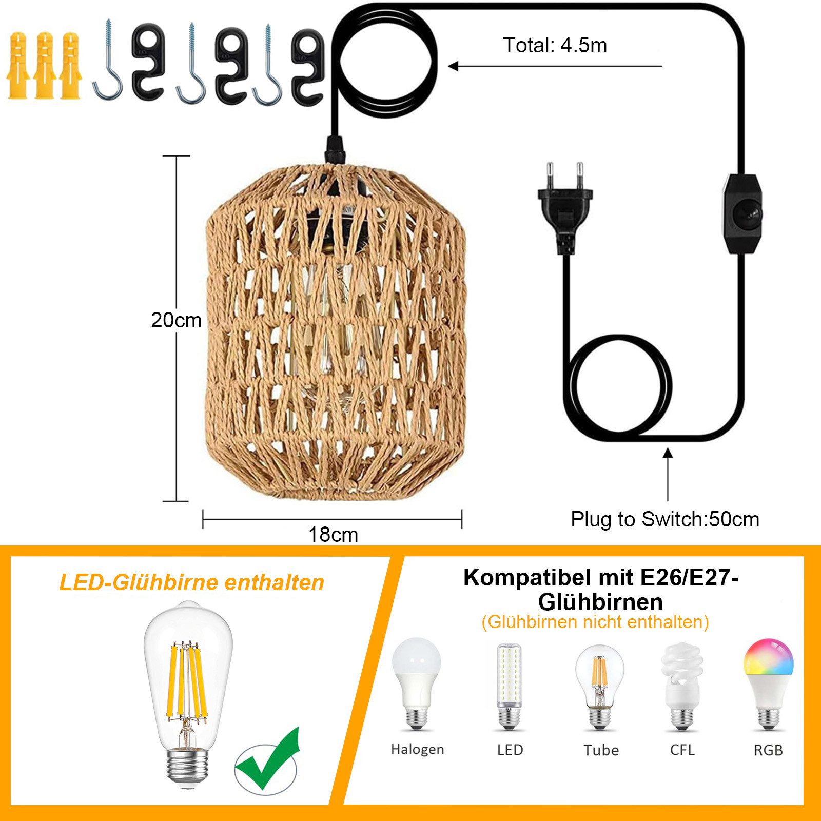 SERBASIC Pendelleuchte Dimmbar Boho Rattan hängelampe mit Stecker für Schla günstig online kaufen