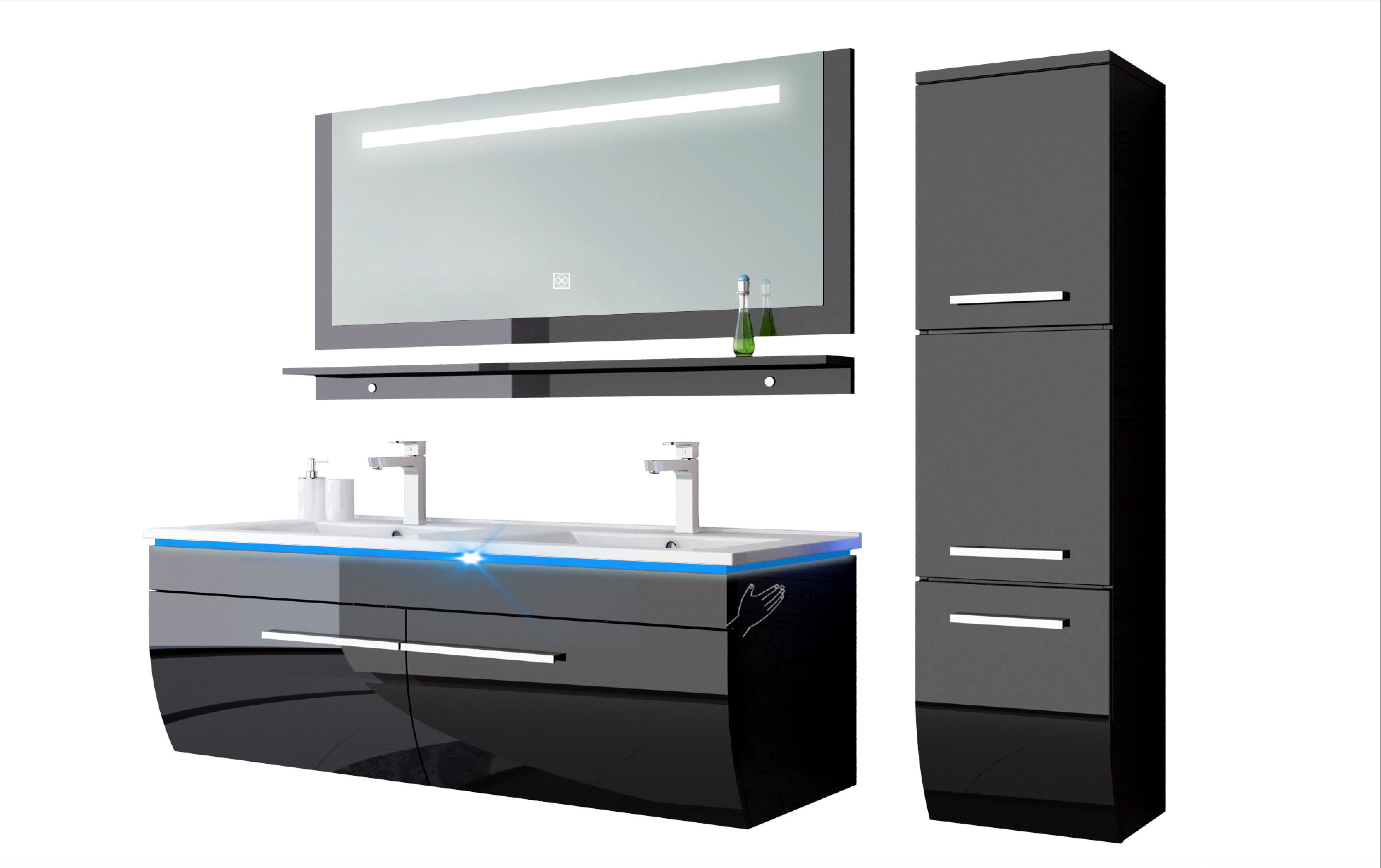 Homeline Doppelwaschbecken Doppelwaschbecken Badmöbel Set 120 cm Schwarz,Waschbecken (5 Teilig, 5-St., Spar set), Unterschrank 120 cm Hochschrank 30 cm
