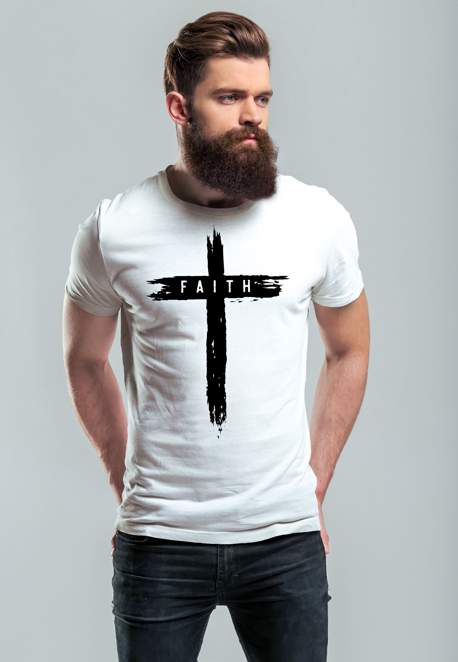 Neverless Print-Shirt Herren T-Shirt Printshirt Aufdruck Kreuz Cross Faith günstig online kaufen